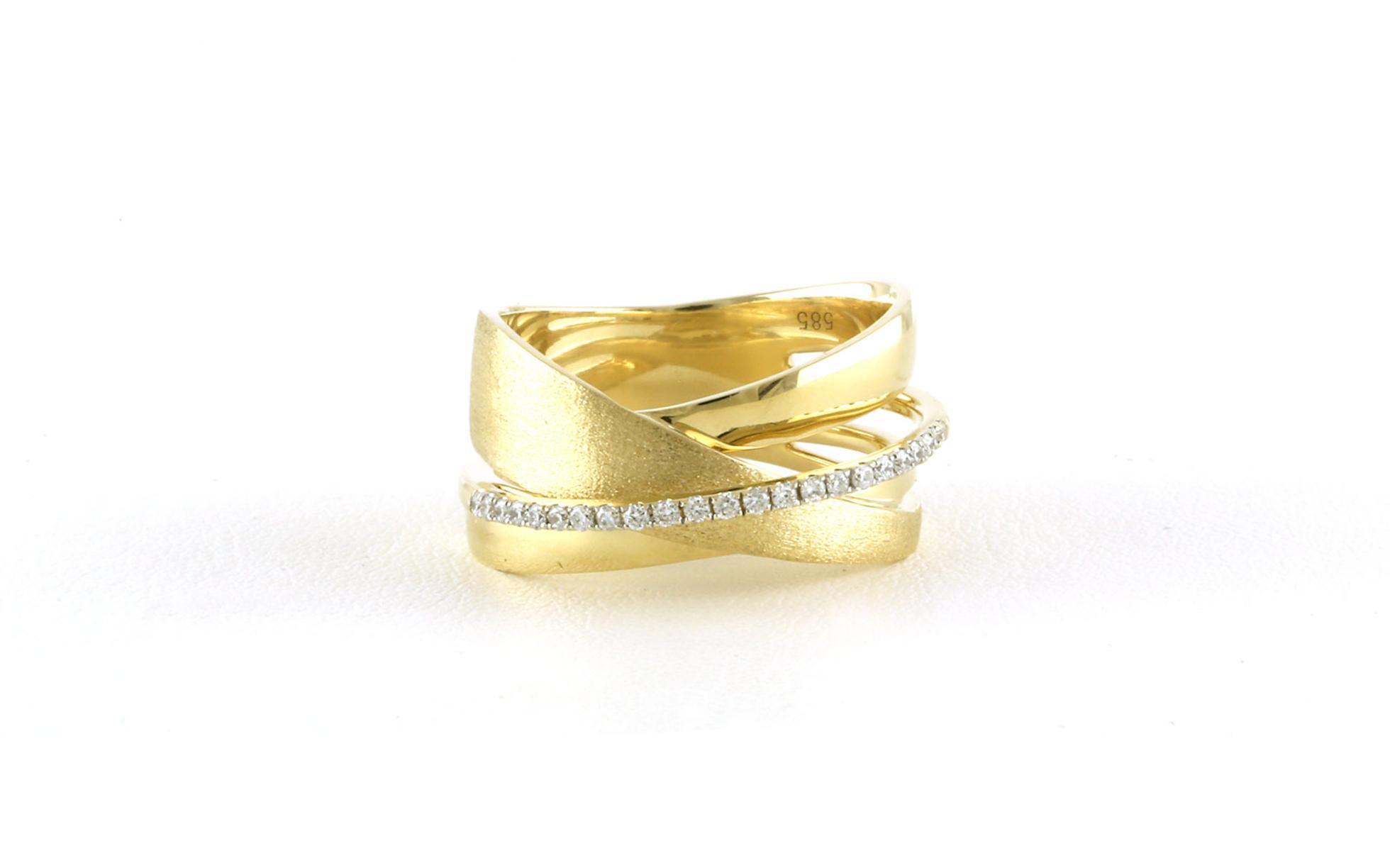 Wide Cross Over Diamond Ring with Satin and Polished Finishes in Yellow Gold (0.14cts TWT)