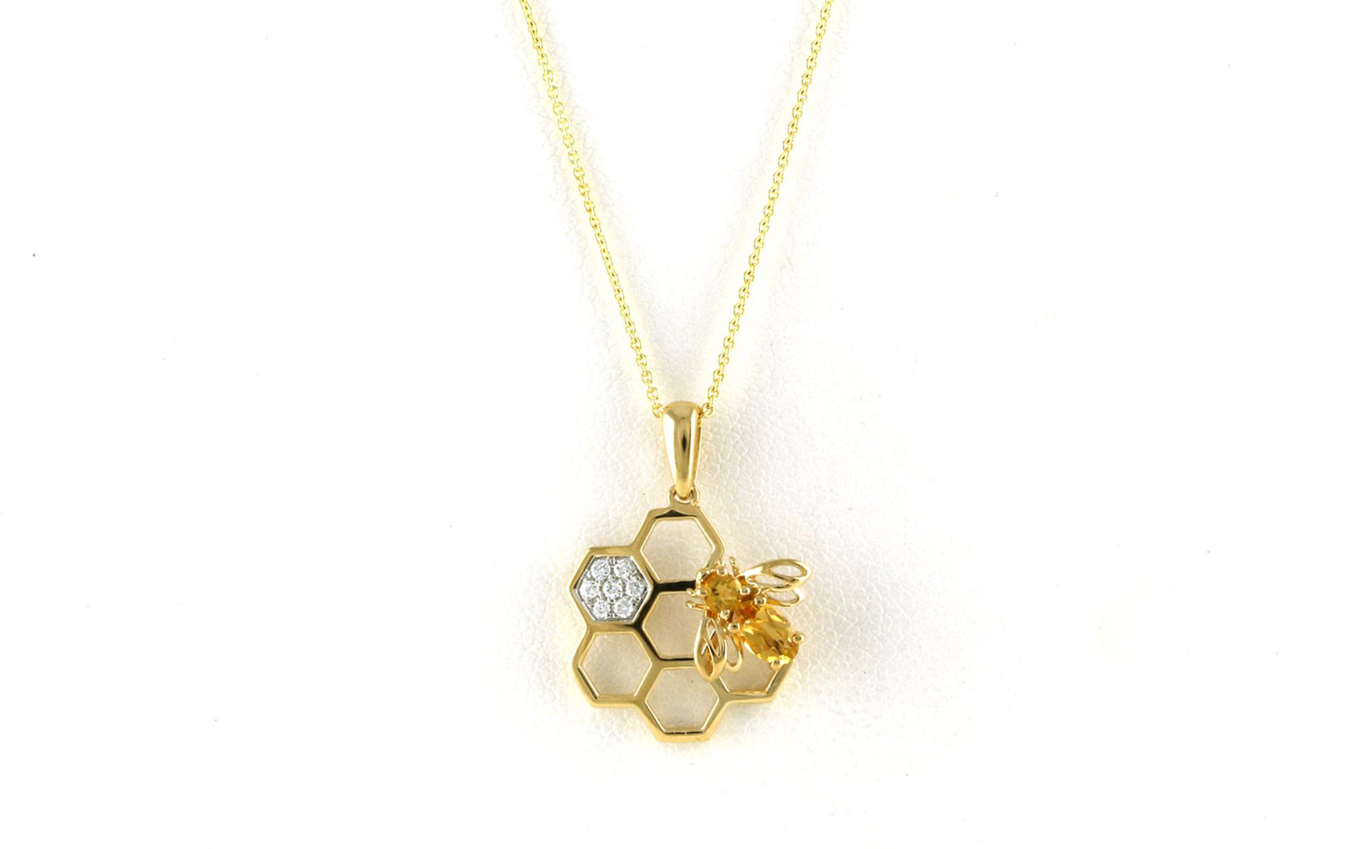 Honeycomb and Bumblebee Citrine and Diamond Necklace in Yellow Gold (0.34cts TWT)