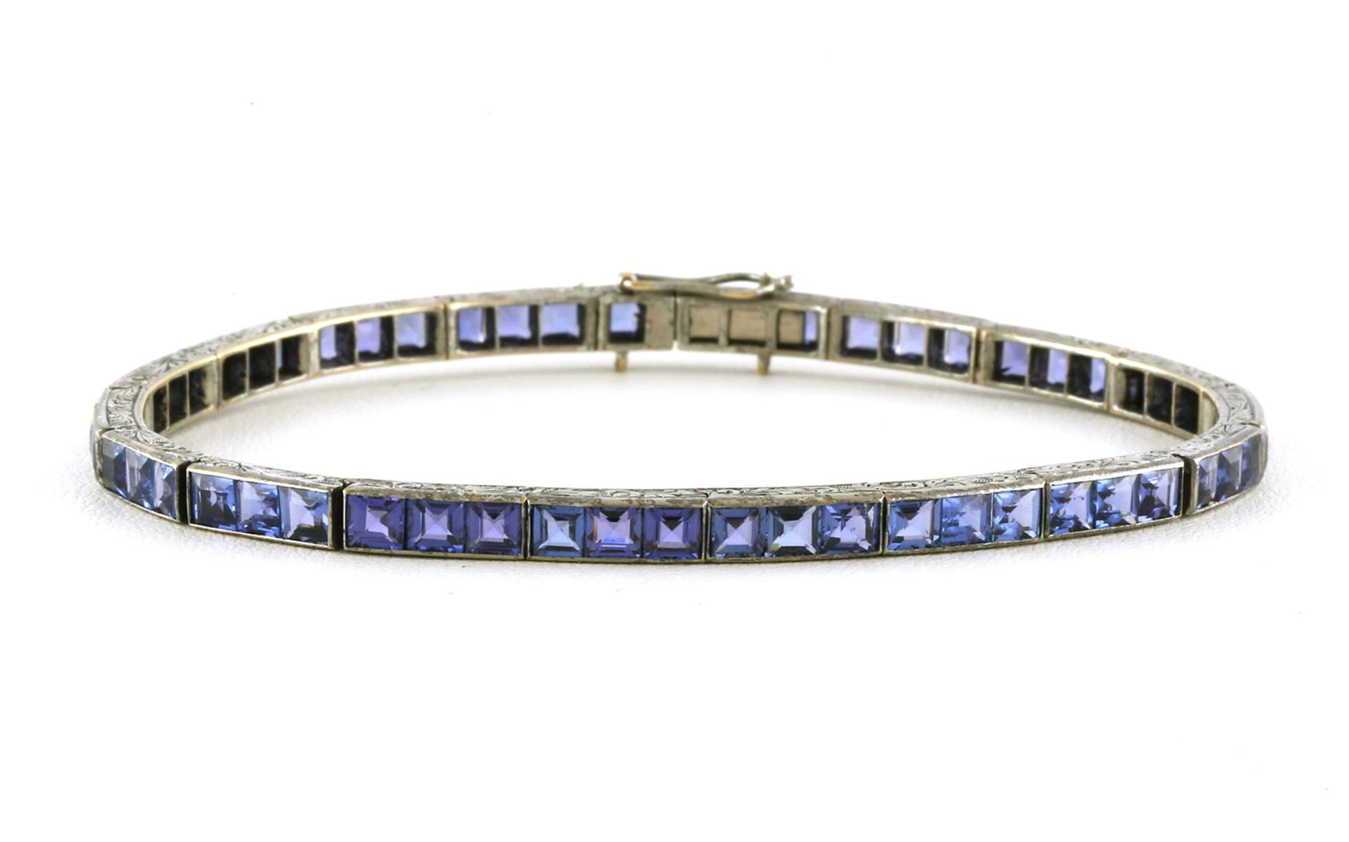 Estate Piece: Square Emerald-cut Montana Yogo Sapphires Line Bracelet with Engraved Details in White Gold (11.00cts TWT)