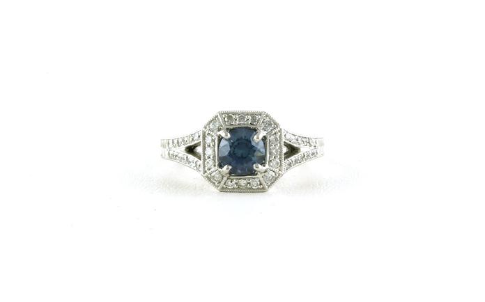 content/products/Estate Piece: Hexagonal Halo-style Montana Sapphire and Diamond Ring with Split-shank and Engraved Details in Platinum (1.36cts TWT)