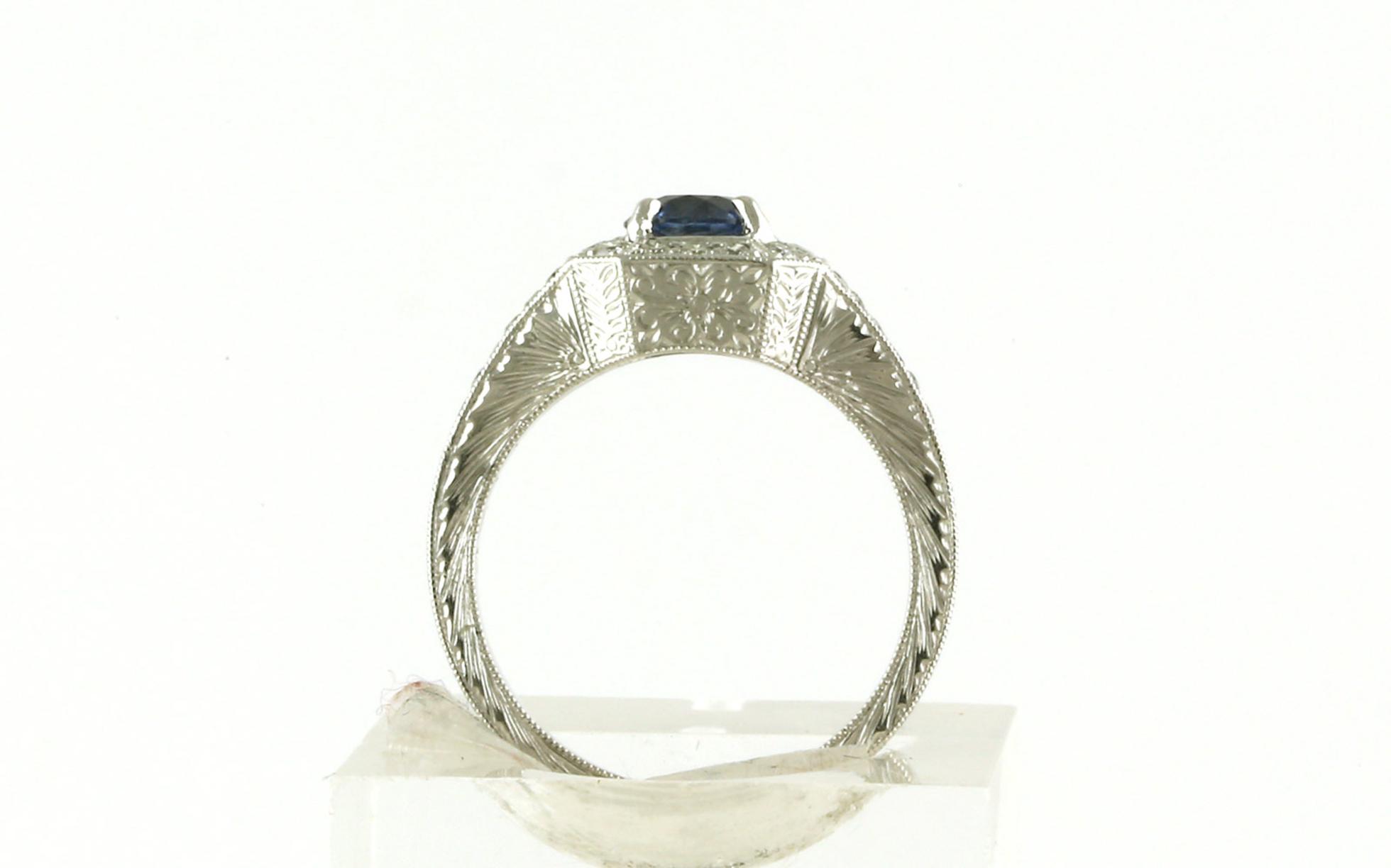 Estate Piece: Hexagonal Halo-style Montana Sapphire and Diamond Ring with Split-shank and Engraved Details in Platinum (1.36cts TWT)