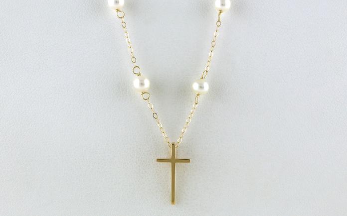 content/products/Child's Cross Necklace on Pearl Station Chain in Yellow Gold