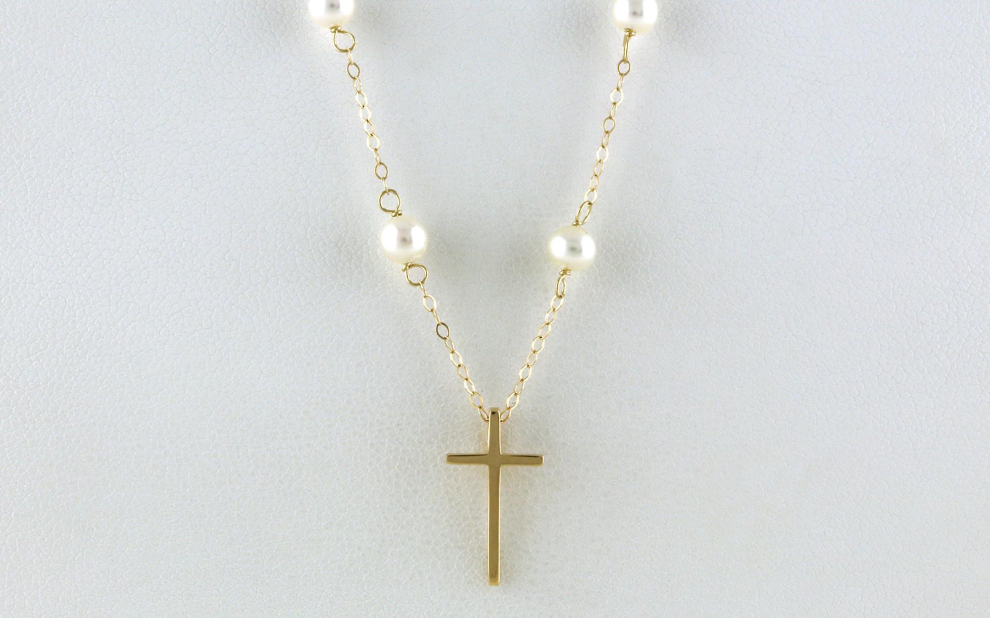 Child's Cross Necklace on Pearl Station Chain in Yellow Gold