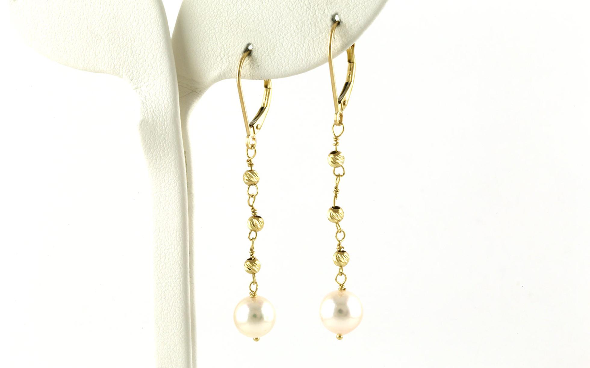 Drop-style Freshwater Pearl and Sparkle Bead Dangle Earrings in Yellow Gold