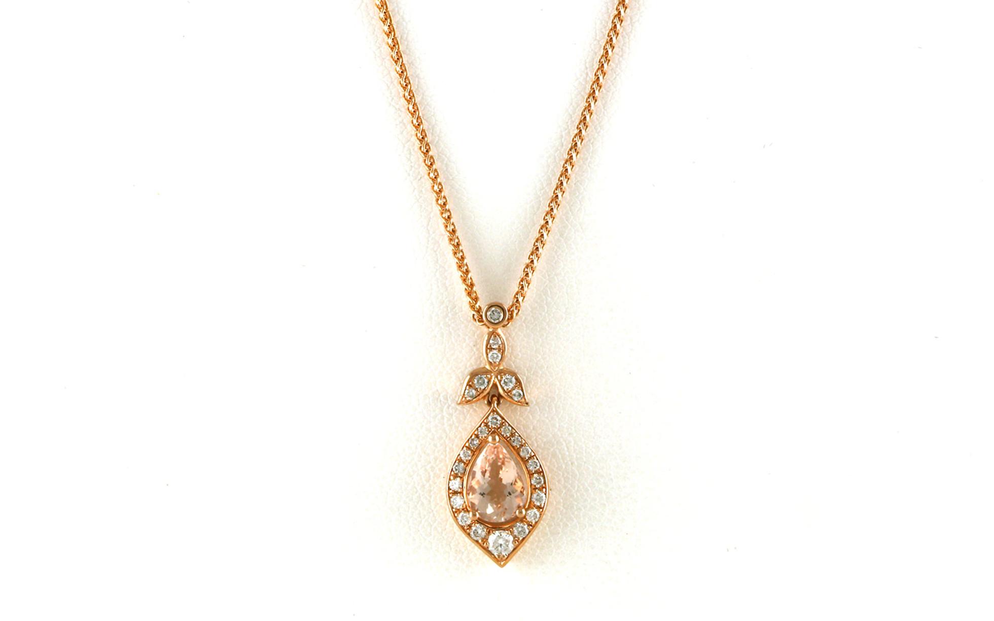 Drop Halo-style Pear-cut Morganite and Diamond Necklace in Rose Gold (0.93cts TWT)