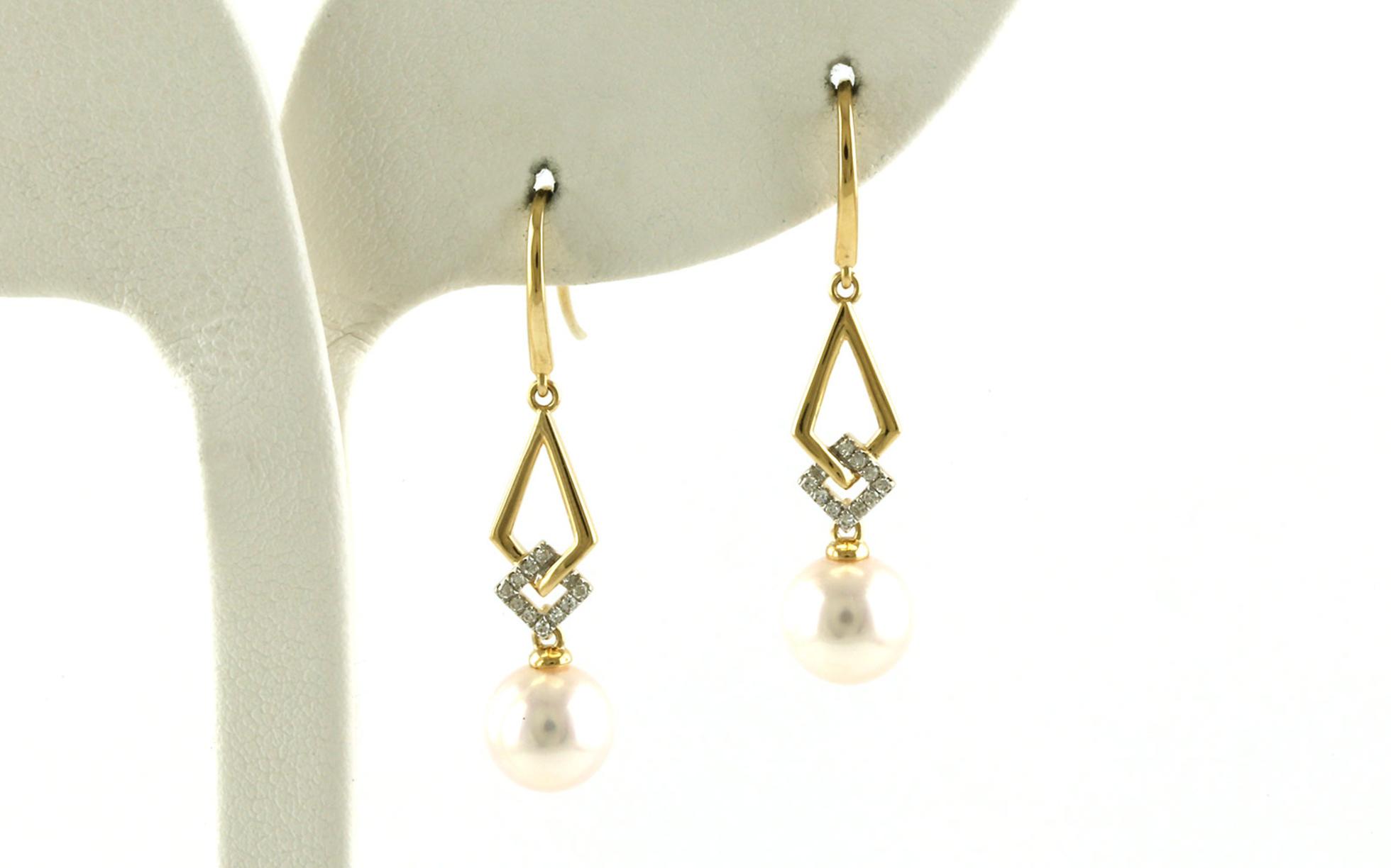 Double Kite Pearl and Diamond Dangle Earrings in Yellow Gold