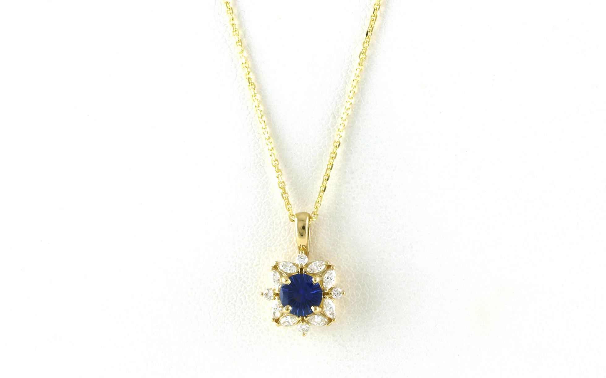 Floral-style Halo Fantasy-cut Montana Yogo Sapphire and Diamond Necklace in Yellow Gold (0.88cts TWT)