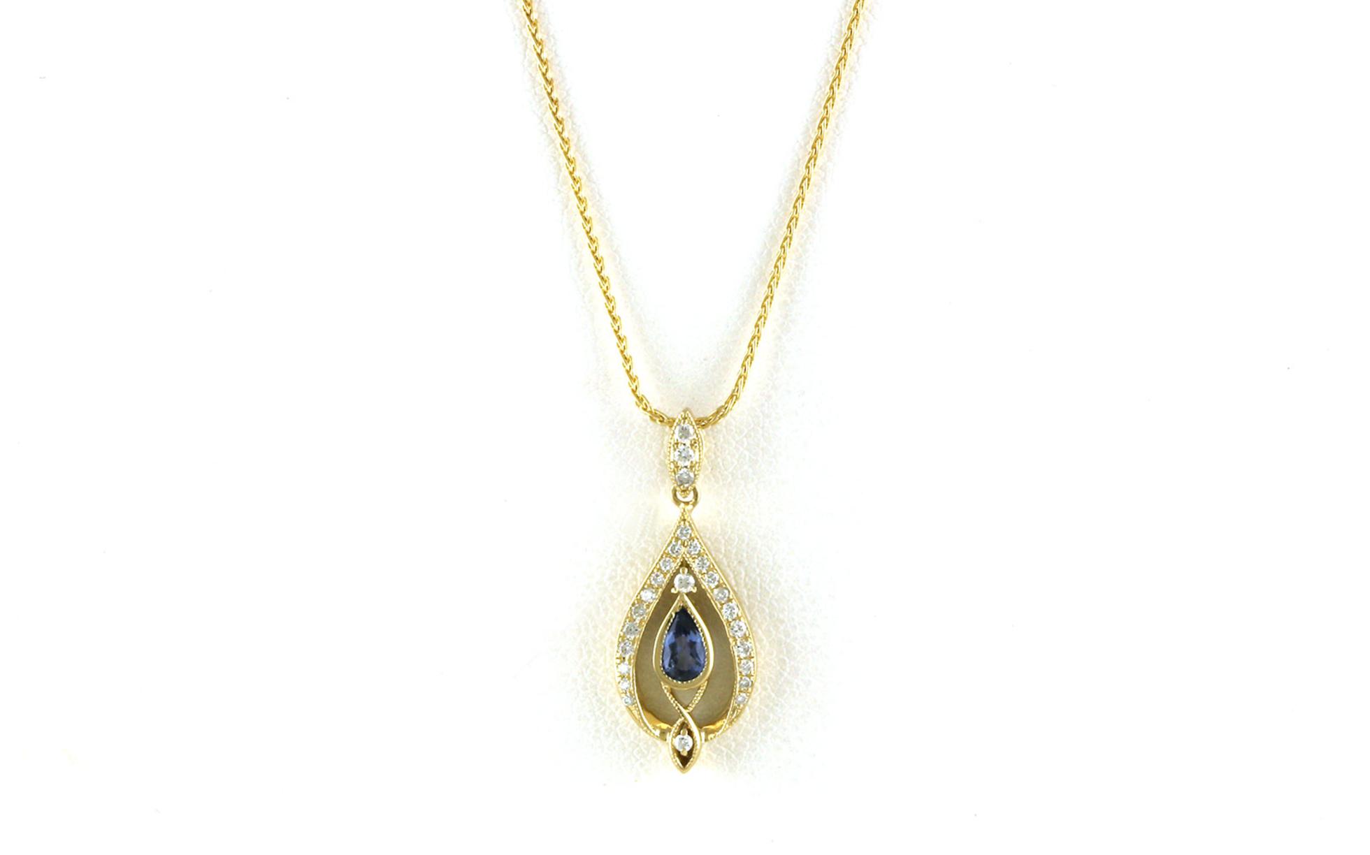 Teardrop-style Pear-cut Montana Yogo Sapphire Necklace with Diamonds in Yellow Gold (0.35cts TWT)