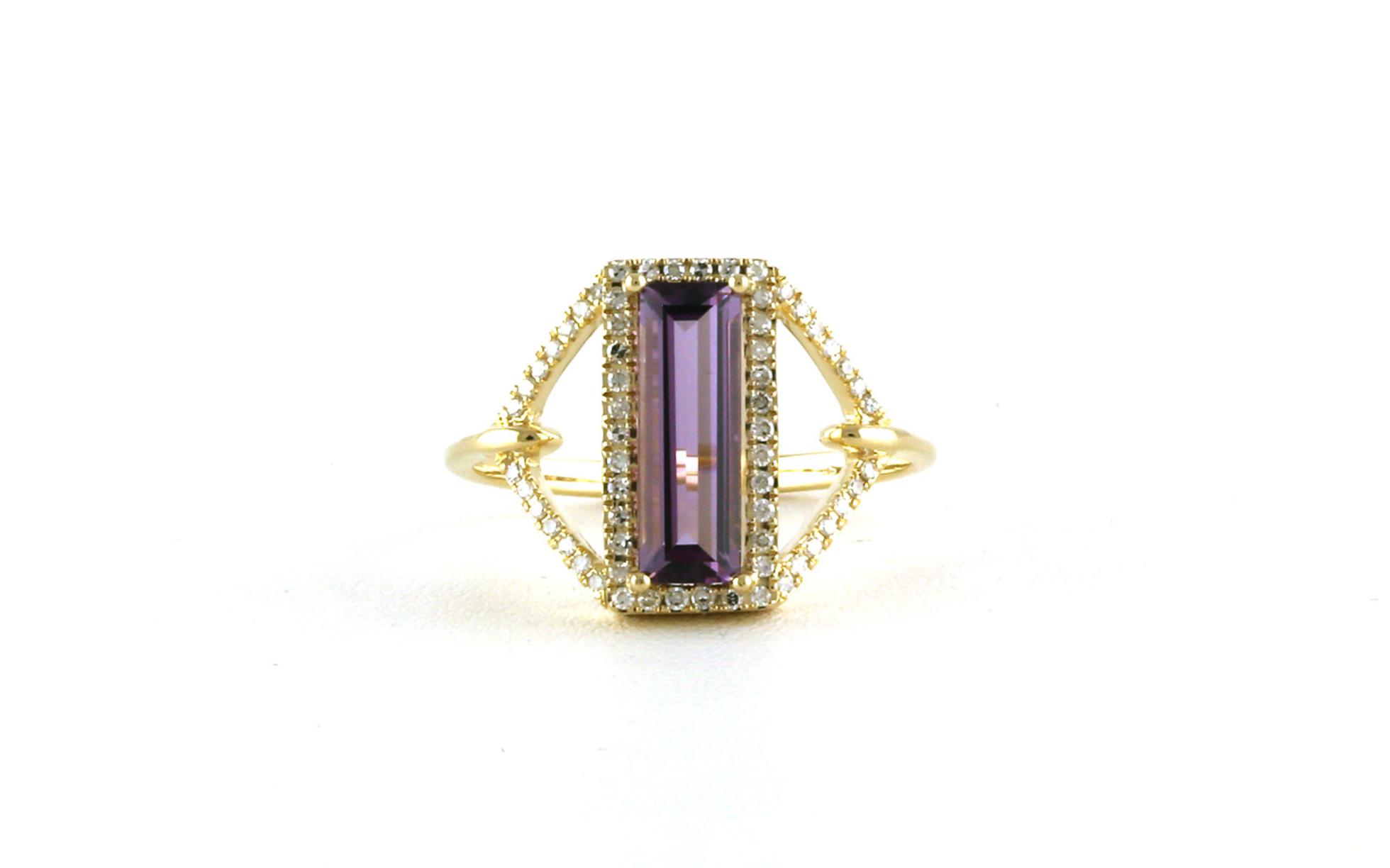 Halo-style Baguette-cut Amethyst Ring with Hexagonal Accent in Yellow Gold (0.16cts TWT)