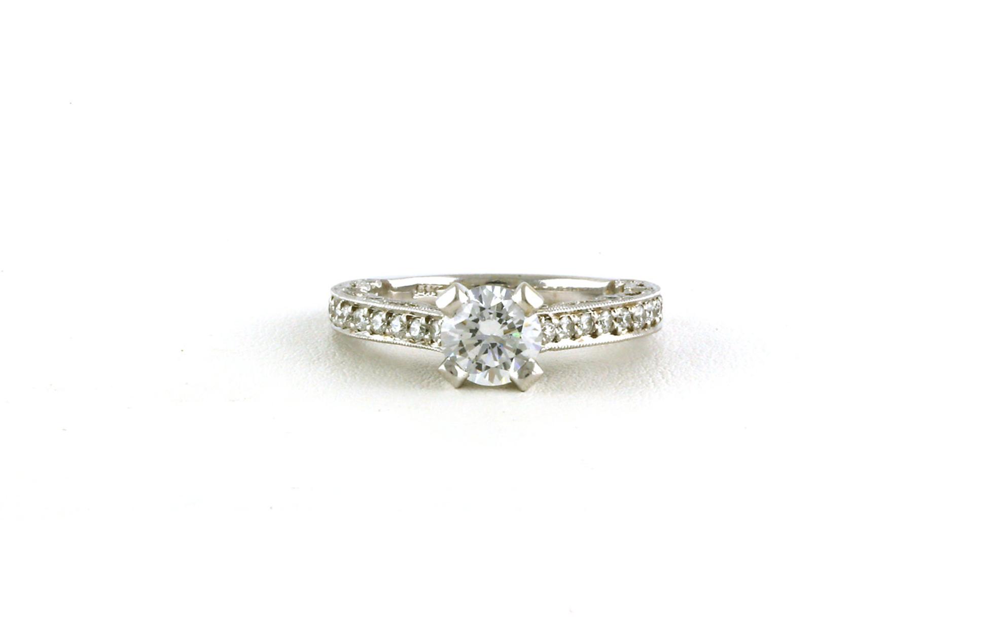 4-Prong Filigree-style Engagement Ring Mounting with Peek-a-boo Diamond and Pave Band in White Gold (0.55cts TWT)