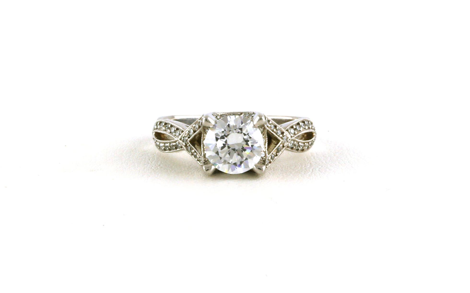 Cross-over Split-shank 4-Prong Engagement Ring Mounting with Pave Band and Hidden Halo in White Gold (0.27cts TWT)