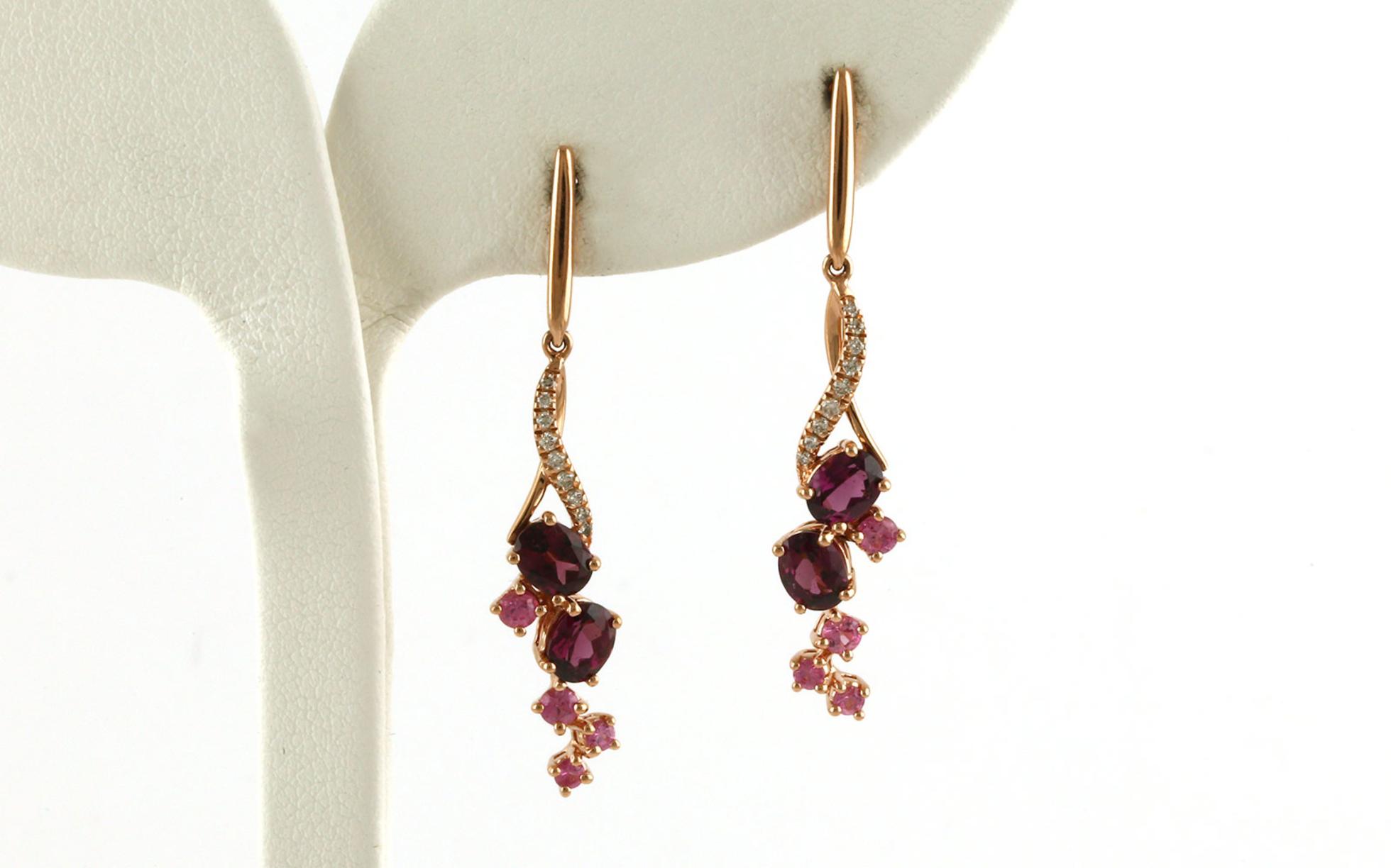 Cluster Dangle with Rhodolite Garnets, Pink Sapphires, and Diamonds in Rose Gold (2.50cts TWT)
