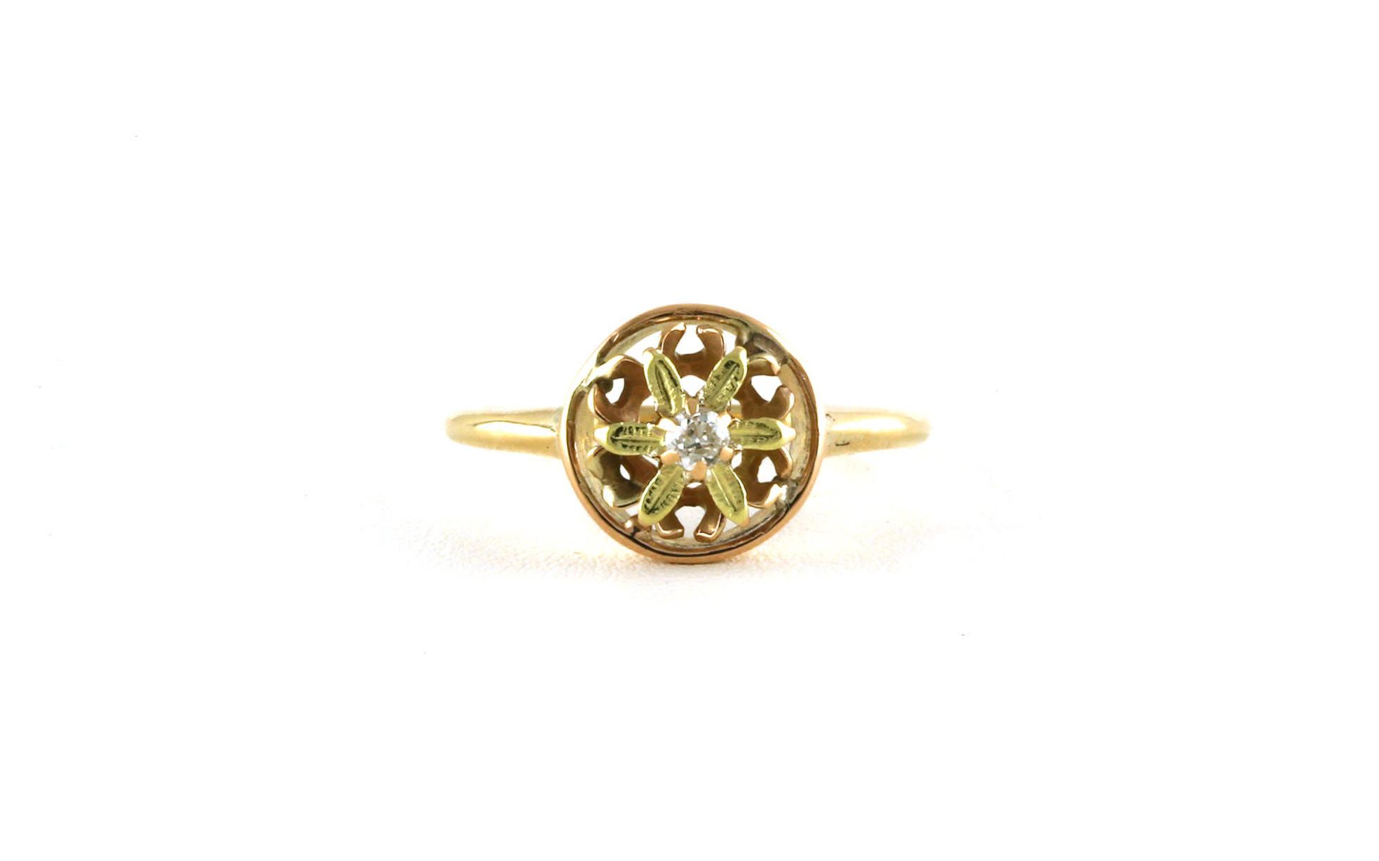 Estate Piece: Circle Flower Ring with Old Mine-cut Diamond in Yellow Gold (0.08cts TWT)