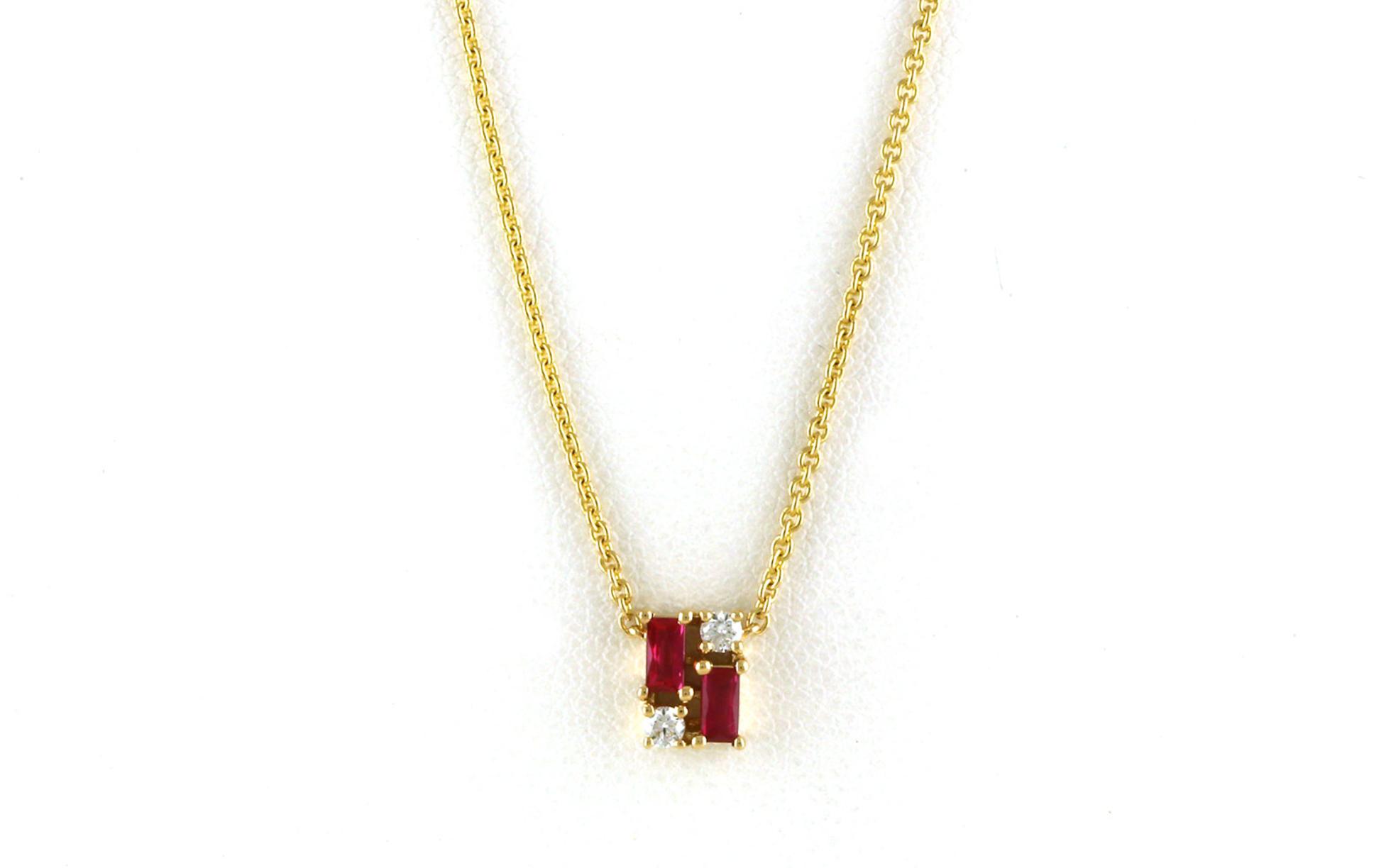 Cluster-style Baguette-cut Ruby and Diamond Necklace in Yellow Gold (0.35cts TWT)