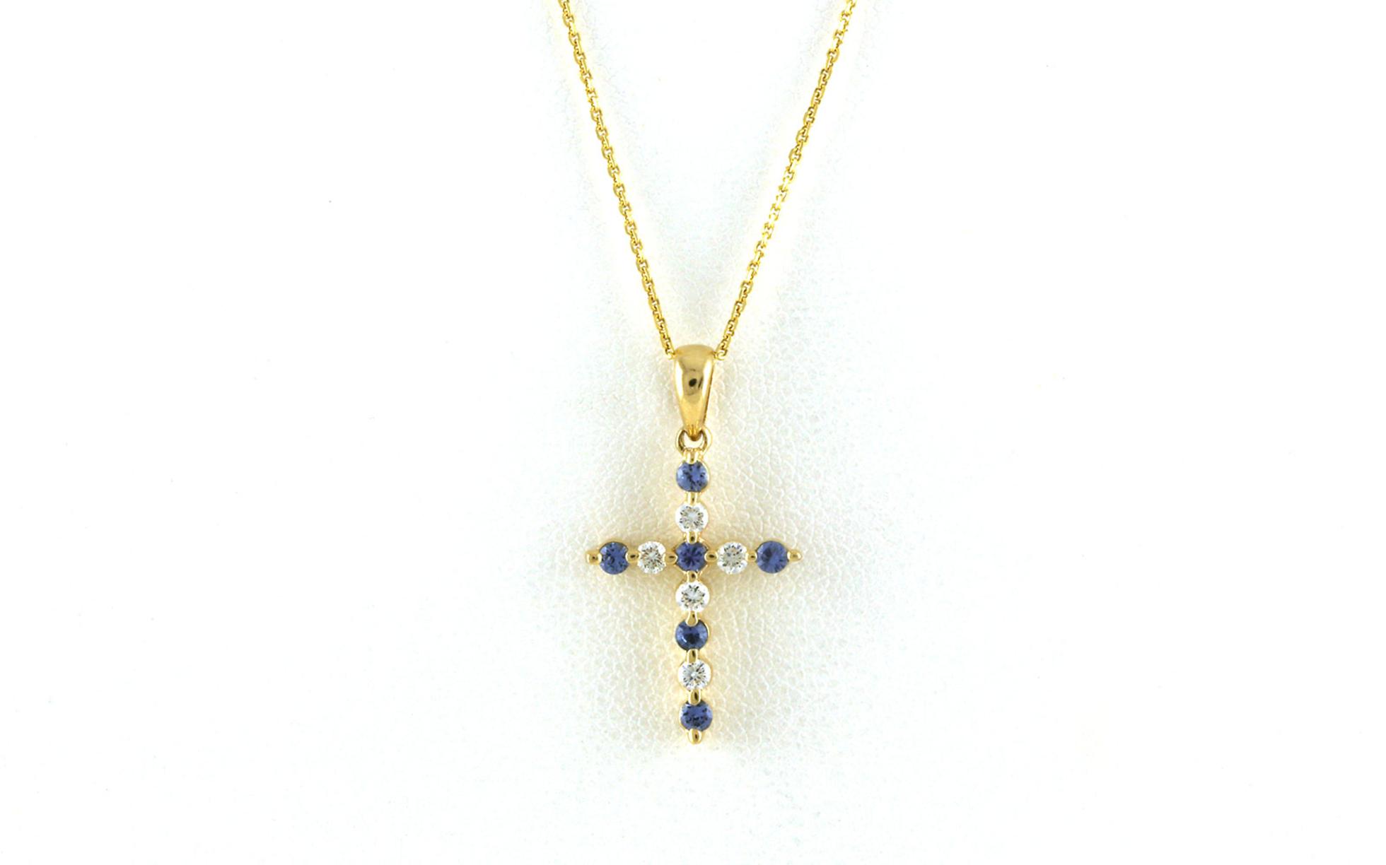 Alternating Stone Montana Yogo Sapphire and Diamond Cross Necklace in Yellow Gold (0.35cts TWT)