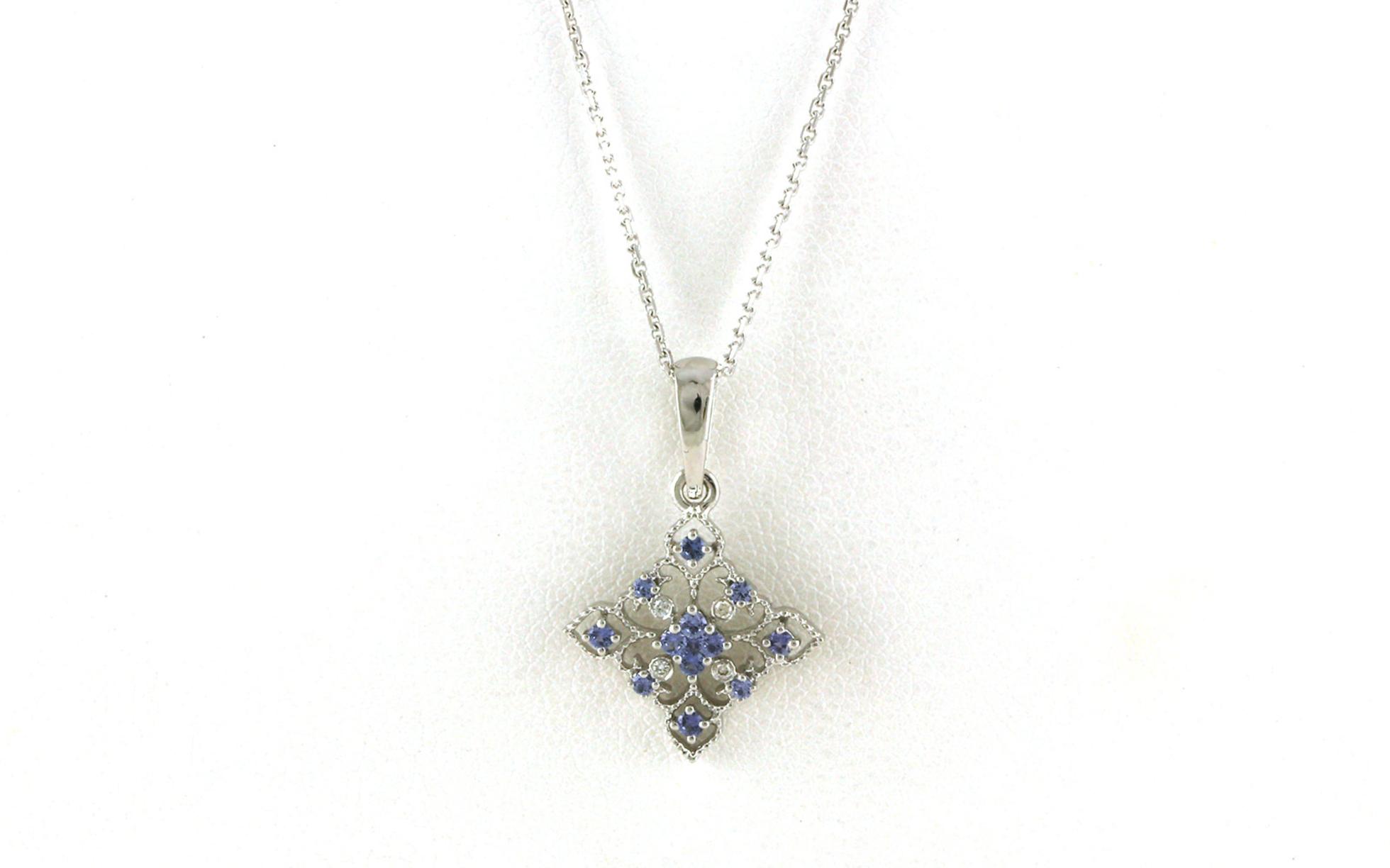 Filigree-style Kite Montana Yogo Sapphire Necklace in White Gold (0.22cts TWT)