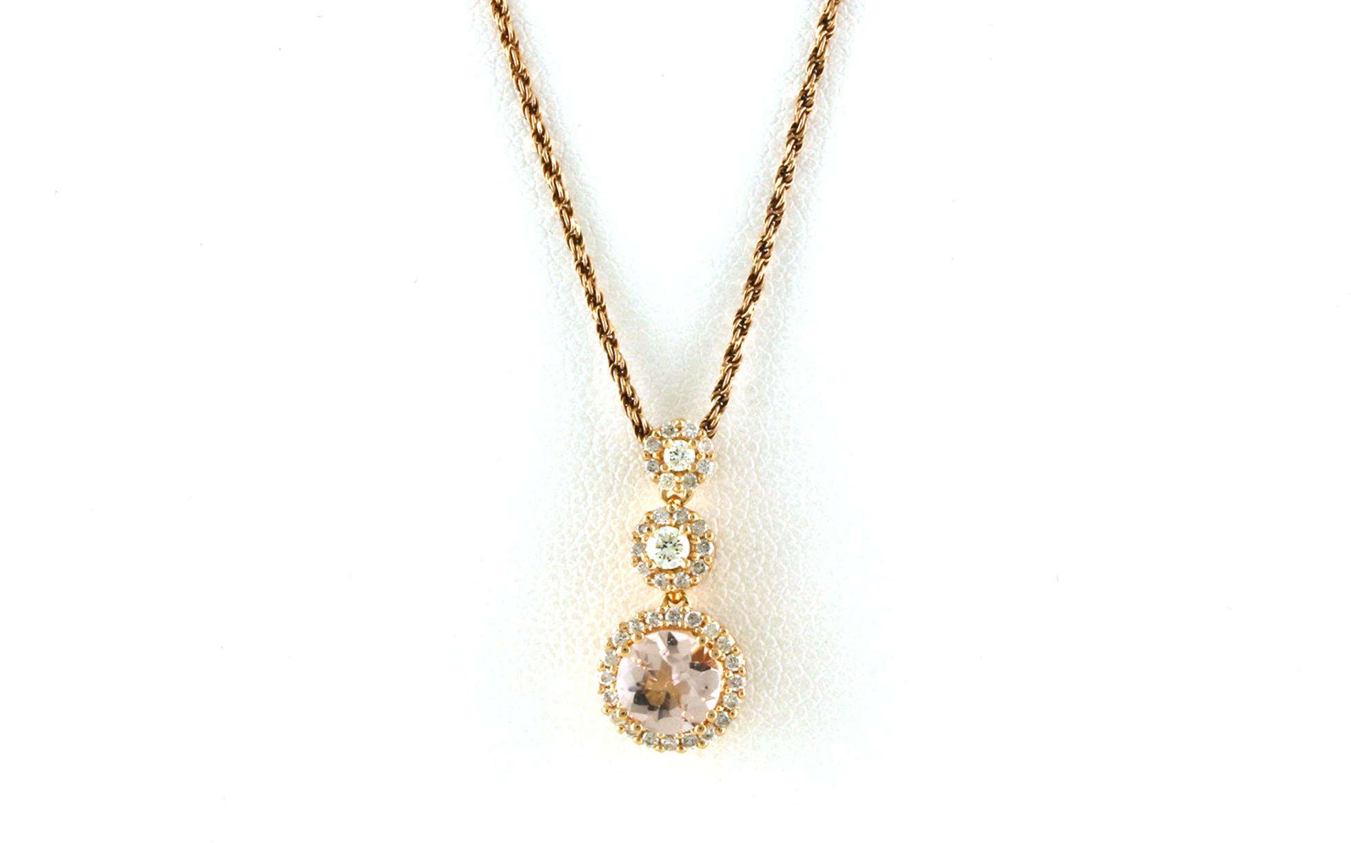 Estate Piece: Triple Halo Drop-style Morganite and Diamond Necklace in Rose Gold