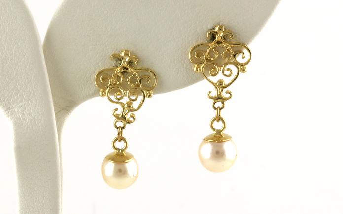 content/products/Estate Piece: Vintage Filigree-style Pearl Dangle Earrings in Yellow Gold