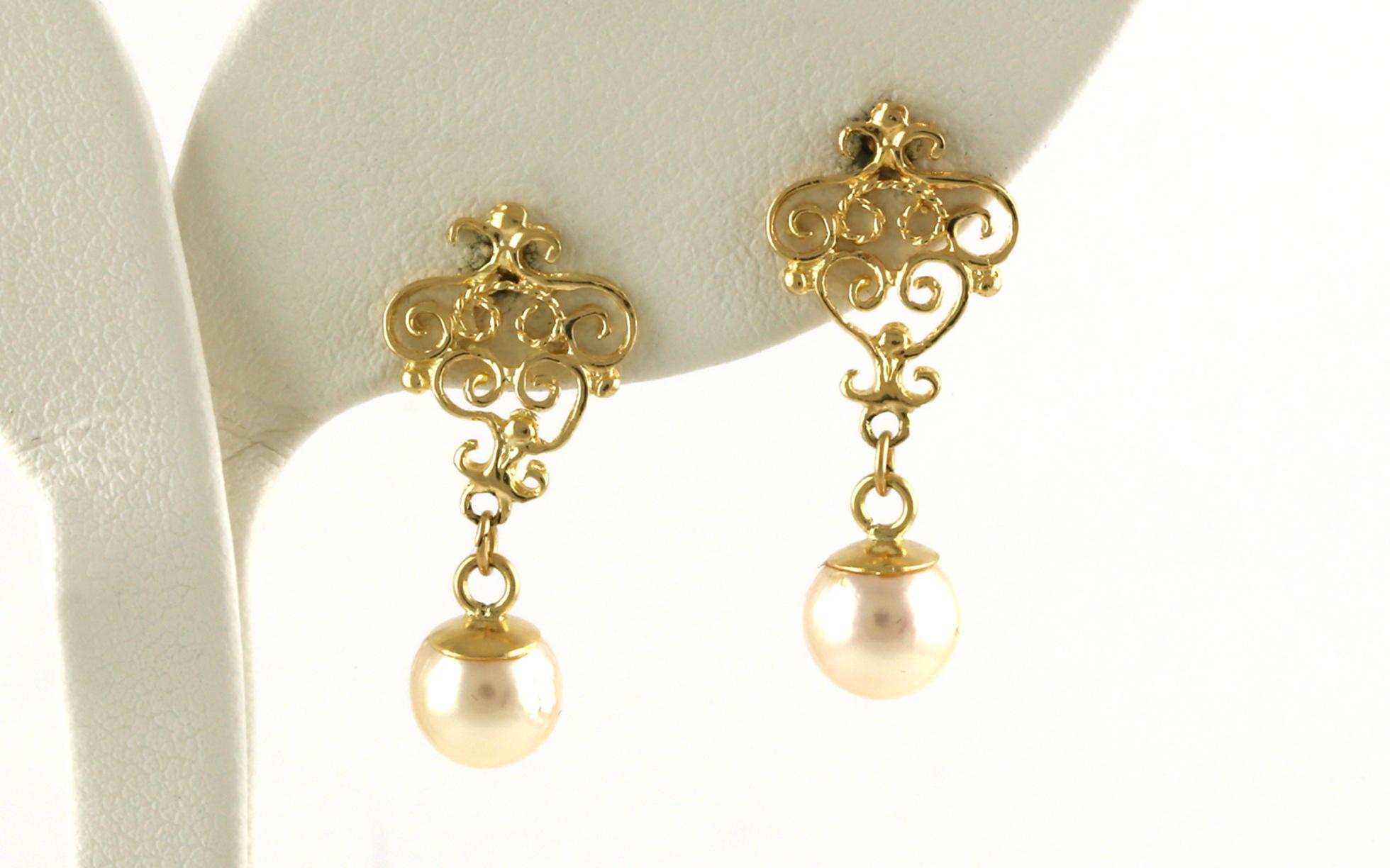 Estate Piece: Vintage Filigree-style Pearl Dangle Earrings in Yellow Gold