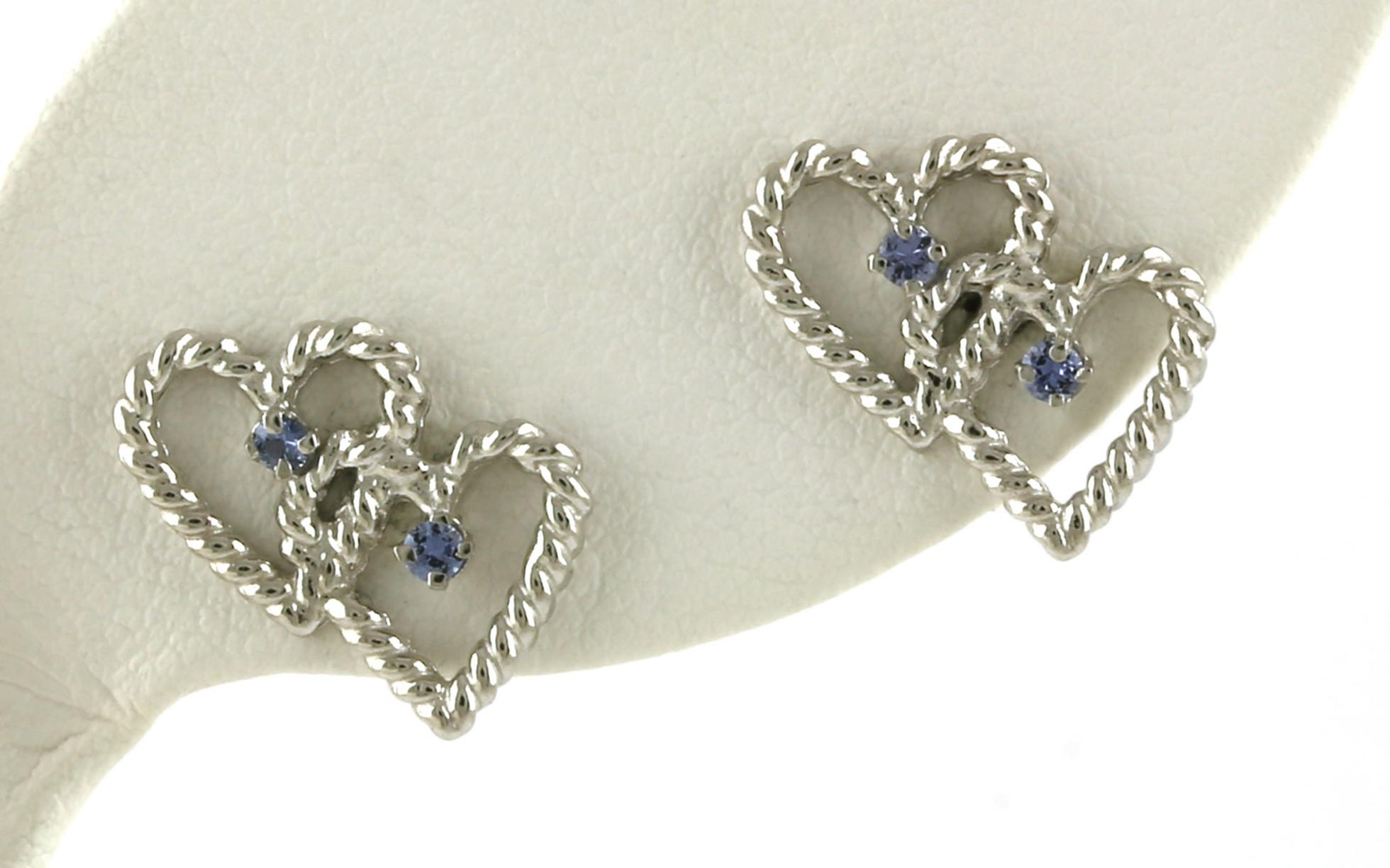 Double Heart Montana Yogo Sapphires Stud Earrings in Sterling Silver