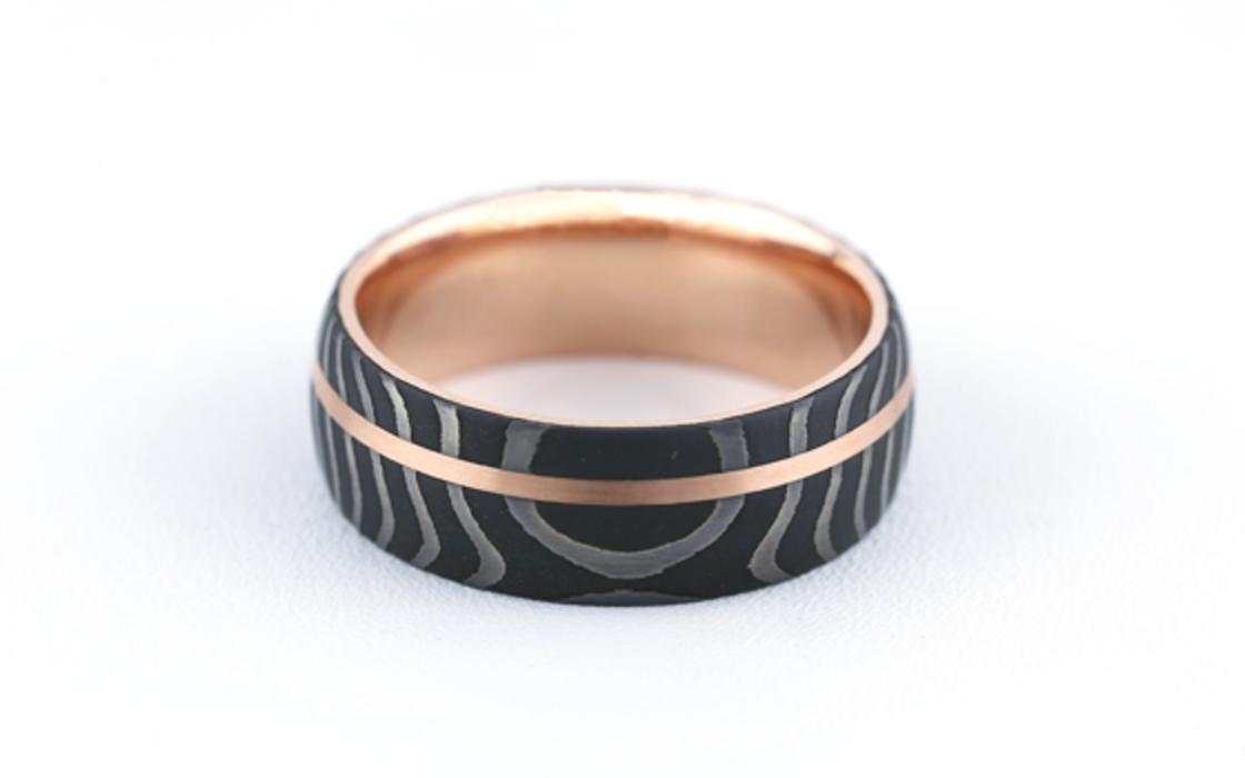 3-Row Damascus Steel Wedding Band in Rose Gold