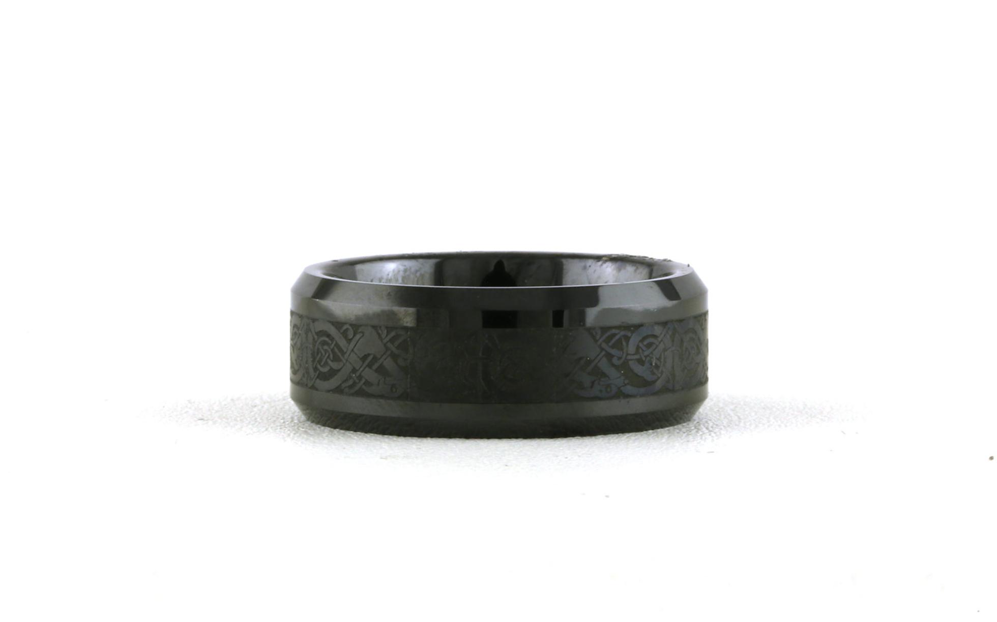 Flat Comfort Fit Bevel Edge Wedding Band with Laser Engraved Celtic Design in Black Ceramic (sz 10)