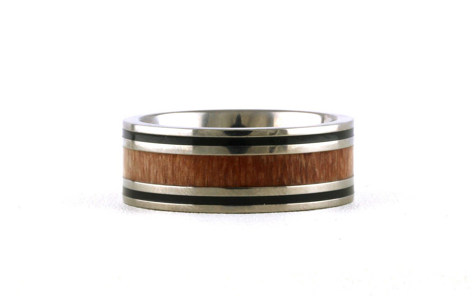 Flat Comfort Fit Wood Inlay and Double Black Line Wedding Band in Titanium (sz 11)