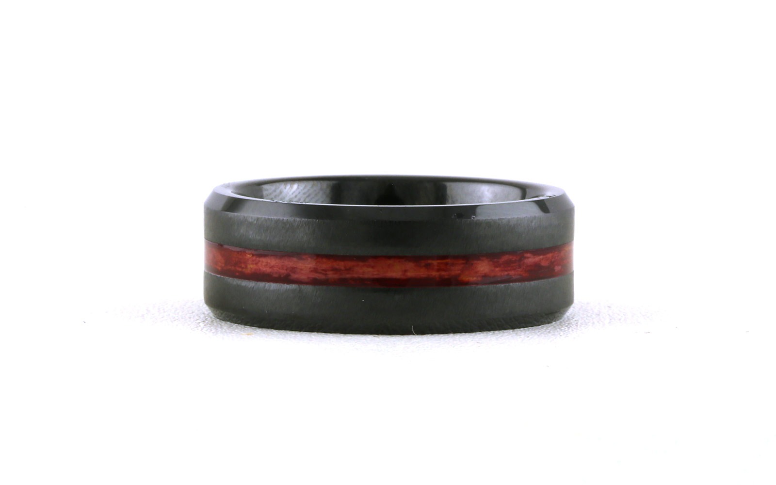 Flat Comfort Fit Bevel Edge Cabernet Wine Barrel Wood Inlay Wedding Band in Black Ceramic (sz 9)