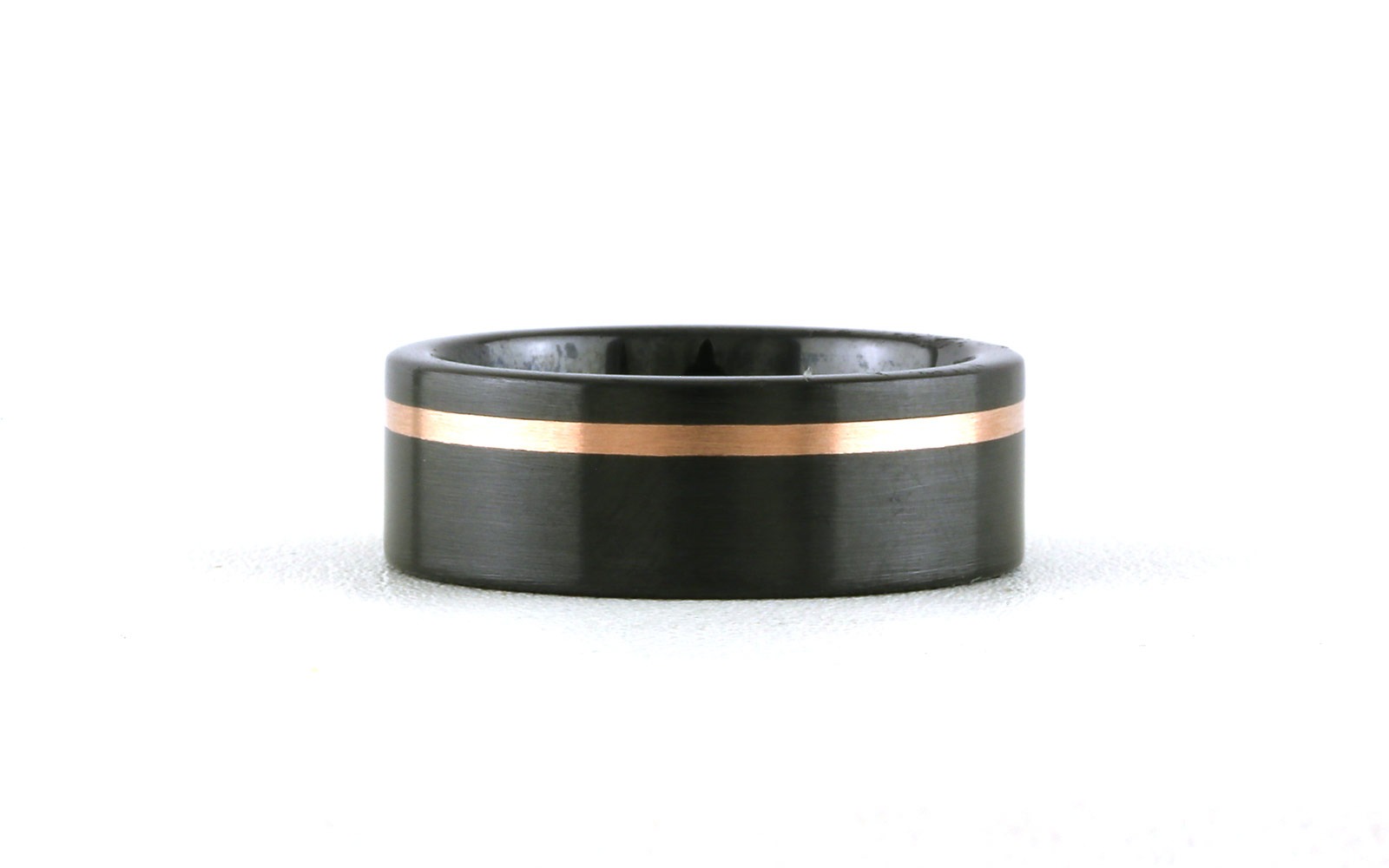 Flat Comfort Fit Off Center Rose Gold Inlay Wedding Band in Black Ceramic (sz 9.5)