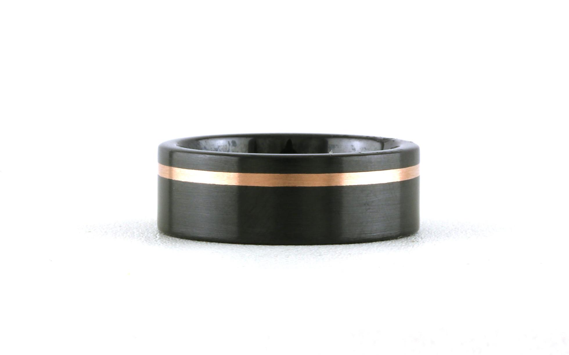 Flat Comfort Fit Off Center Rose Gold Inlay Wedding Band in Black Ceramic (sz 9.5)