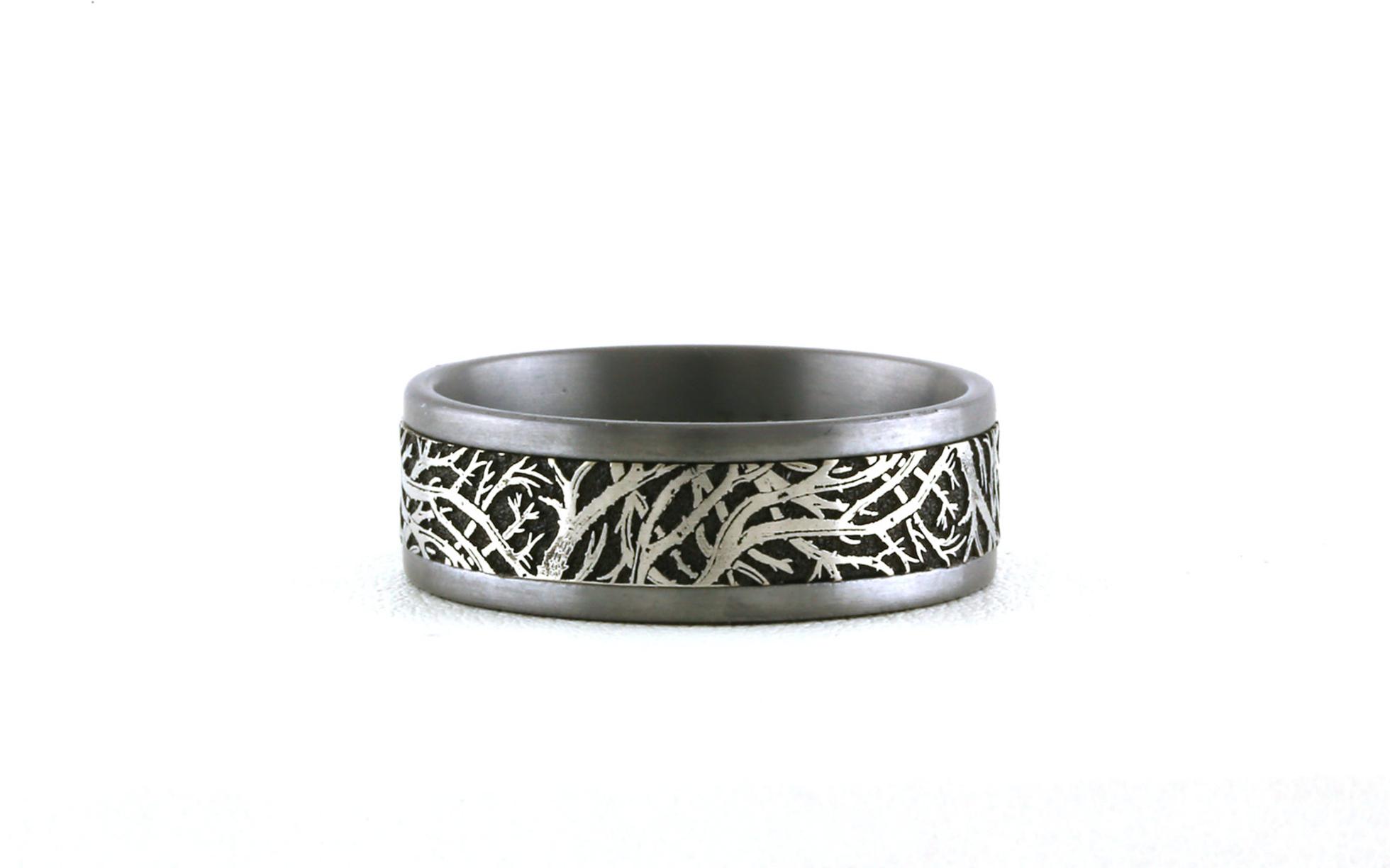 Flat Comfort Fit Wedding Band with Enchanted Forest Design in Tantalum with White Gold Center (sz 10.5)