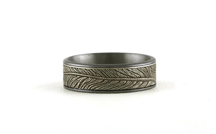 content/products/Flat Comfort Fit Wedding Band with Feather Design in Tantalum with White Gold Center (sz 10.5)