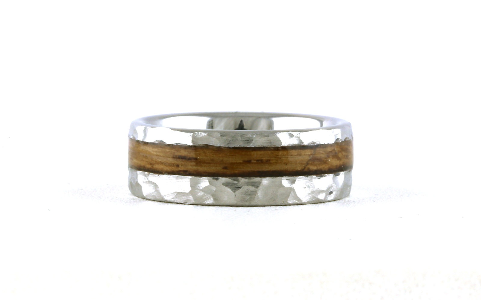 Flat Comfort Fit Bourbon Barrel Wood Inlay Wedding Band with Hammered Finish in Serinium (sz 9)