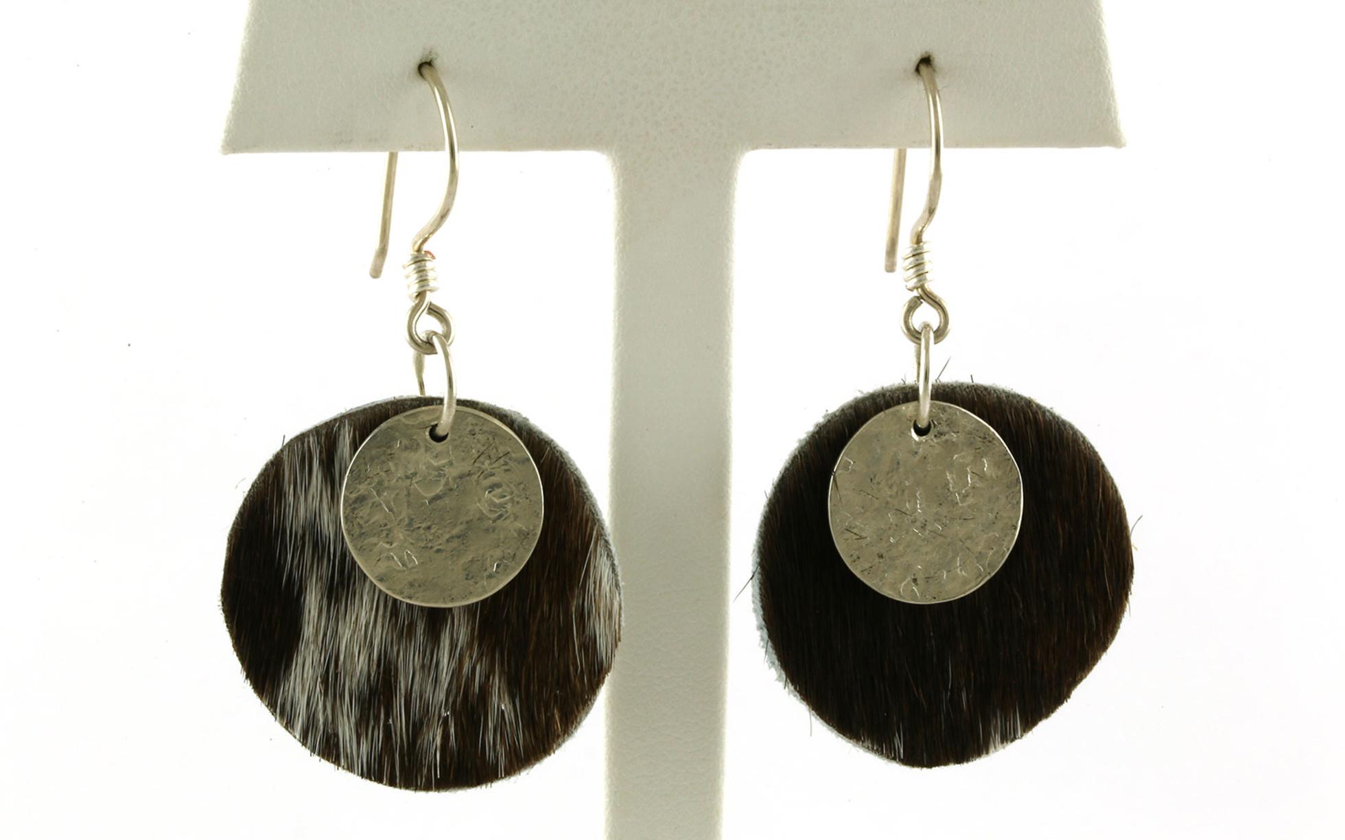 Double Disc Dangle Earrings in Brown and White Cowhide and Sterling Silver