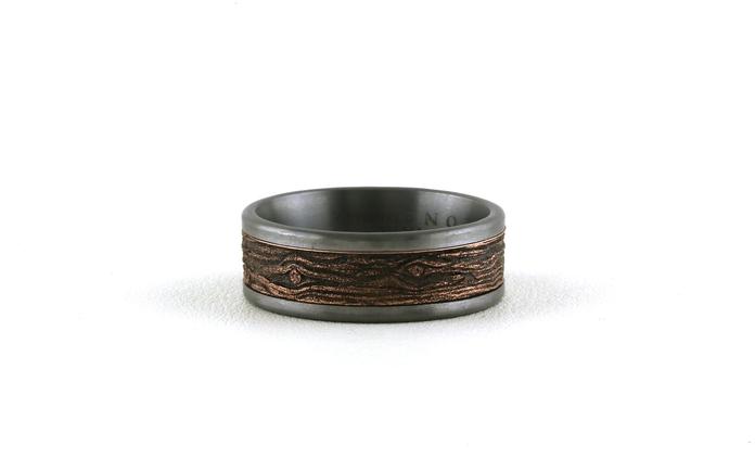 content/products/Flat Comfort Fit Wedding Band with Log Knot Texture in Gray Tantalum with Rose Gold Center (sz 10)