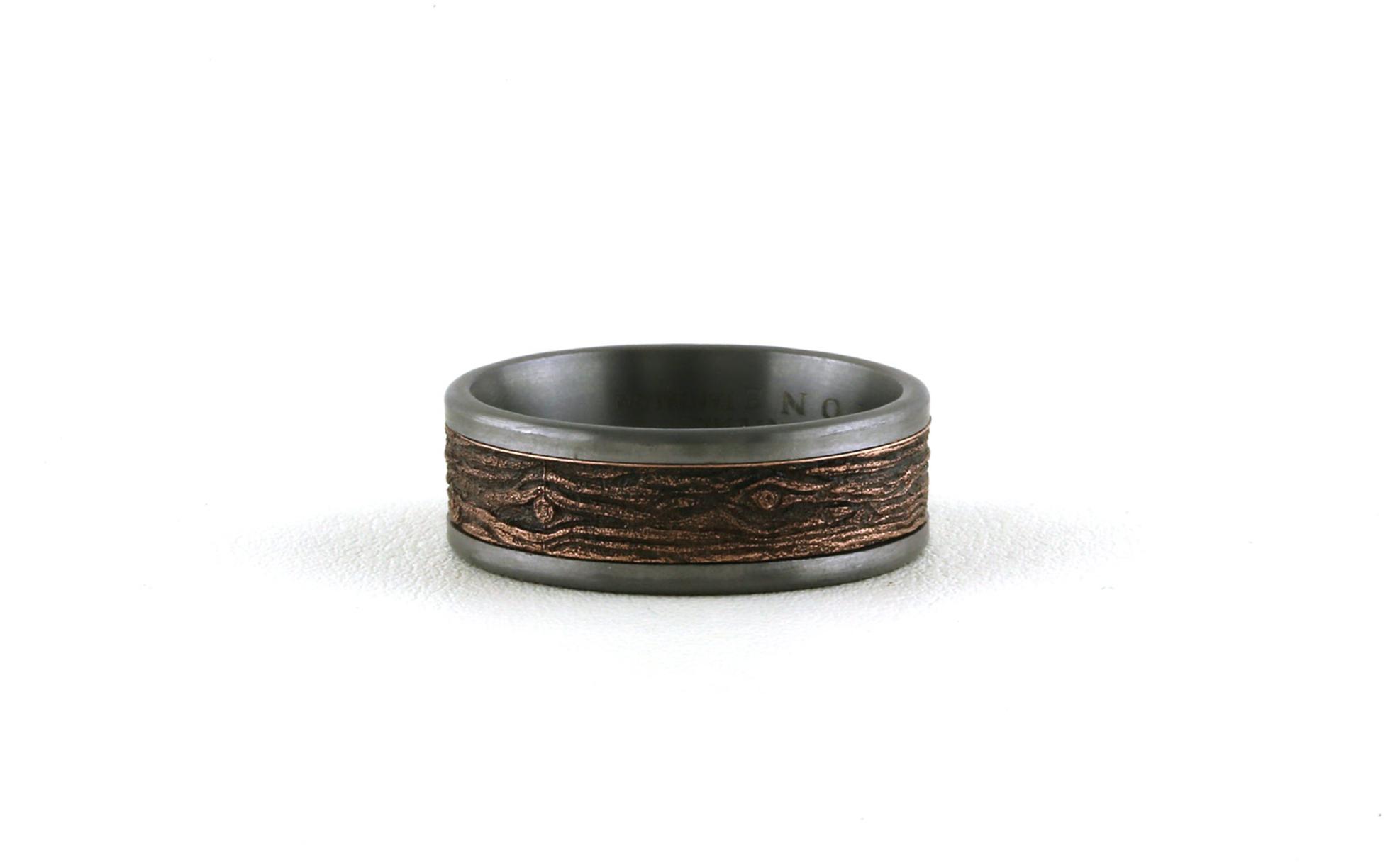 Flat Comfort Fit Wedding Band with Log Knot Texture in Gray Tantalum with Rose Gold Center (sz 10)