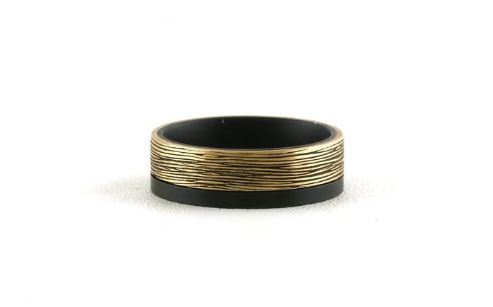 content/products/Flat Comfort Fit Wedding Band with Off Center Woodgrain Texture in Yellow Gold and Dark Tantalum (sz 10)