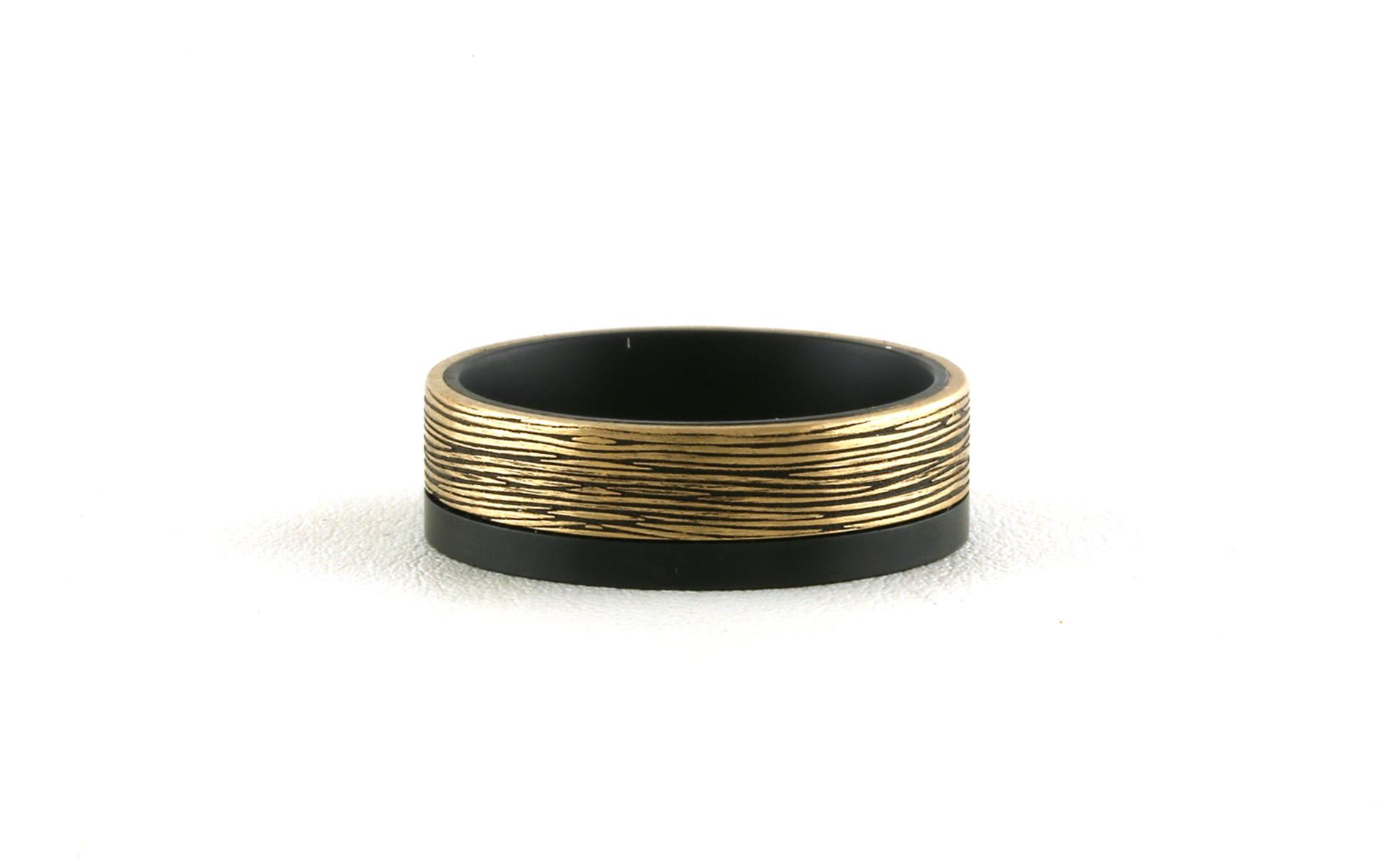 Flat Comfort Fit Wedding Band with Off Center Woodgrain Texture in Yellow Gold and Dark Tantalum (sz 10)