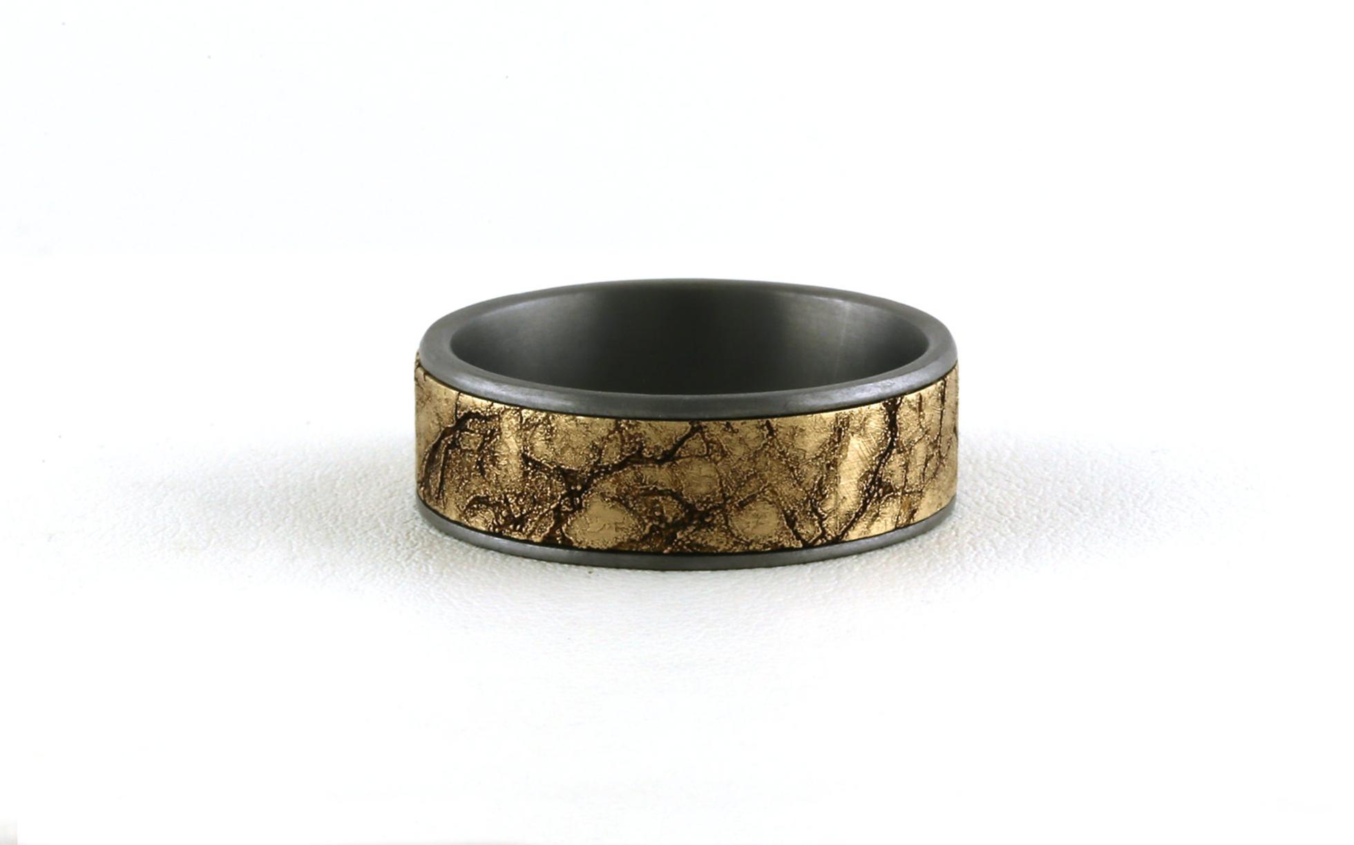 Flat Comfort Fit Wedding Band with Marble Texture in Yellow Gold Center and Grey Tantalum (sz 10)