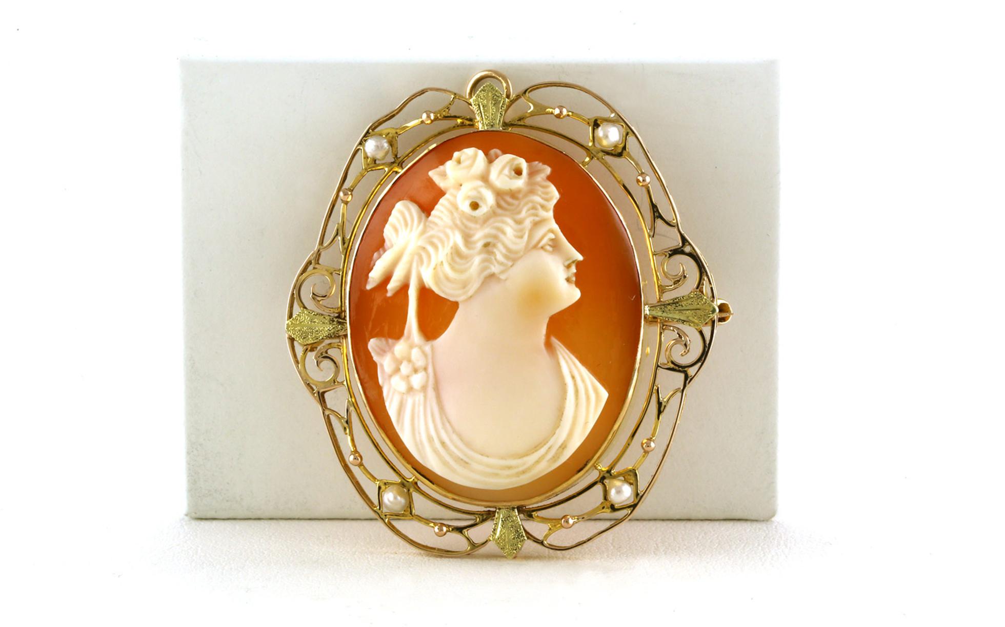 Estate Piece: Cameo Pin with Pearls and Filigree Details in Yellow Gold