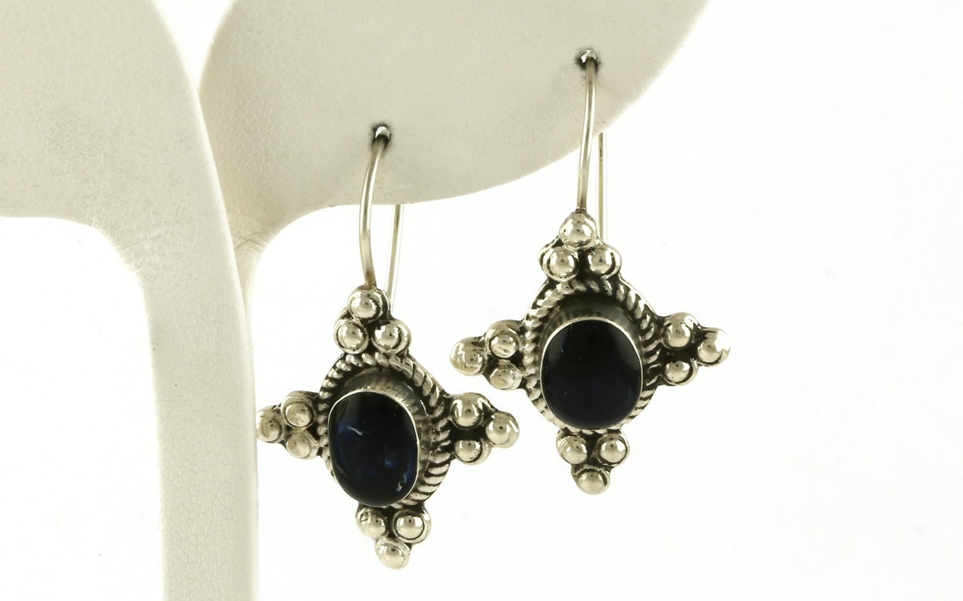 Estate Piece: Oval Blue Lace Agate Dangle Earrings with Rope and Bead Details in Sterling Silver