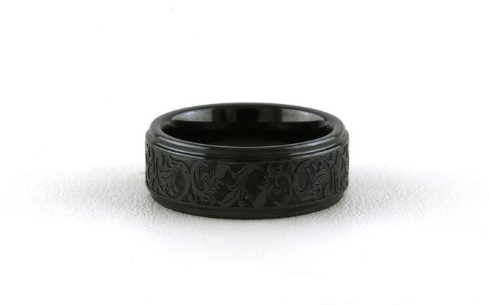 content/products/Flat Comfort Fit Step Edge Wedding Band with Laser Engraved Floral Design in Black Ceramic (sz 8)