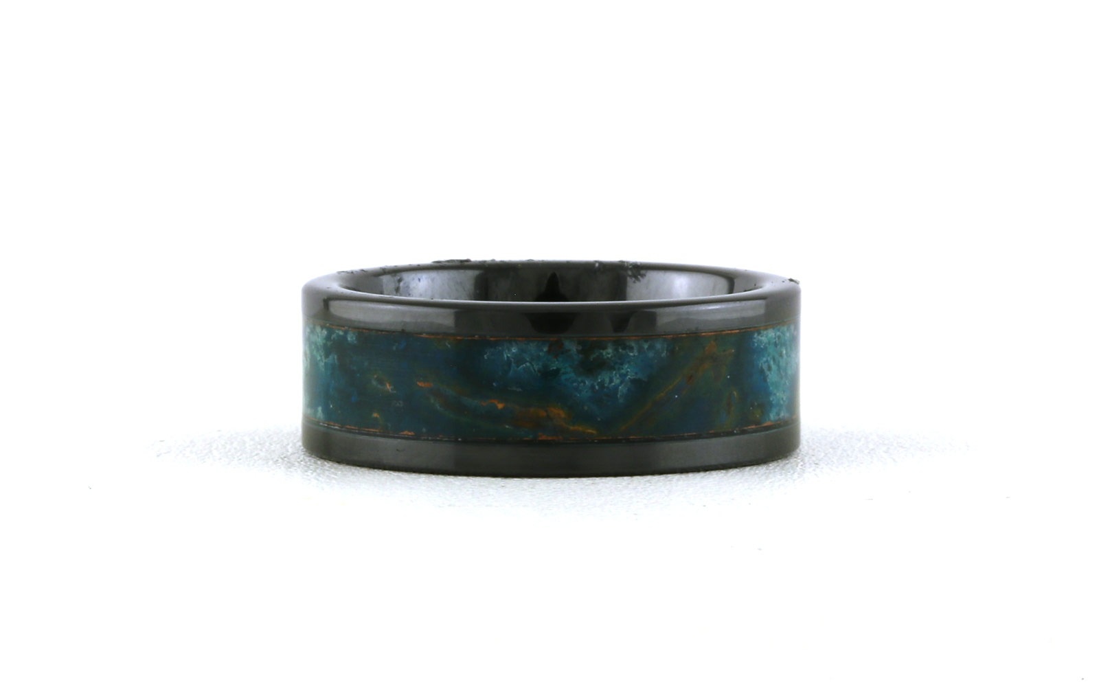 Flat Comfort Fit Green Patina Copper Inlay Wedding Band in Black Ceramic (sz 9)