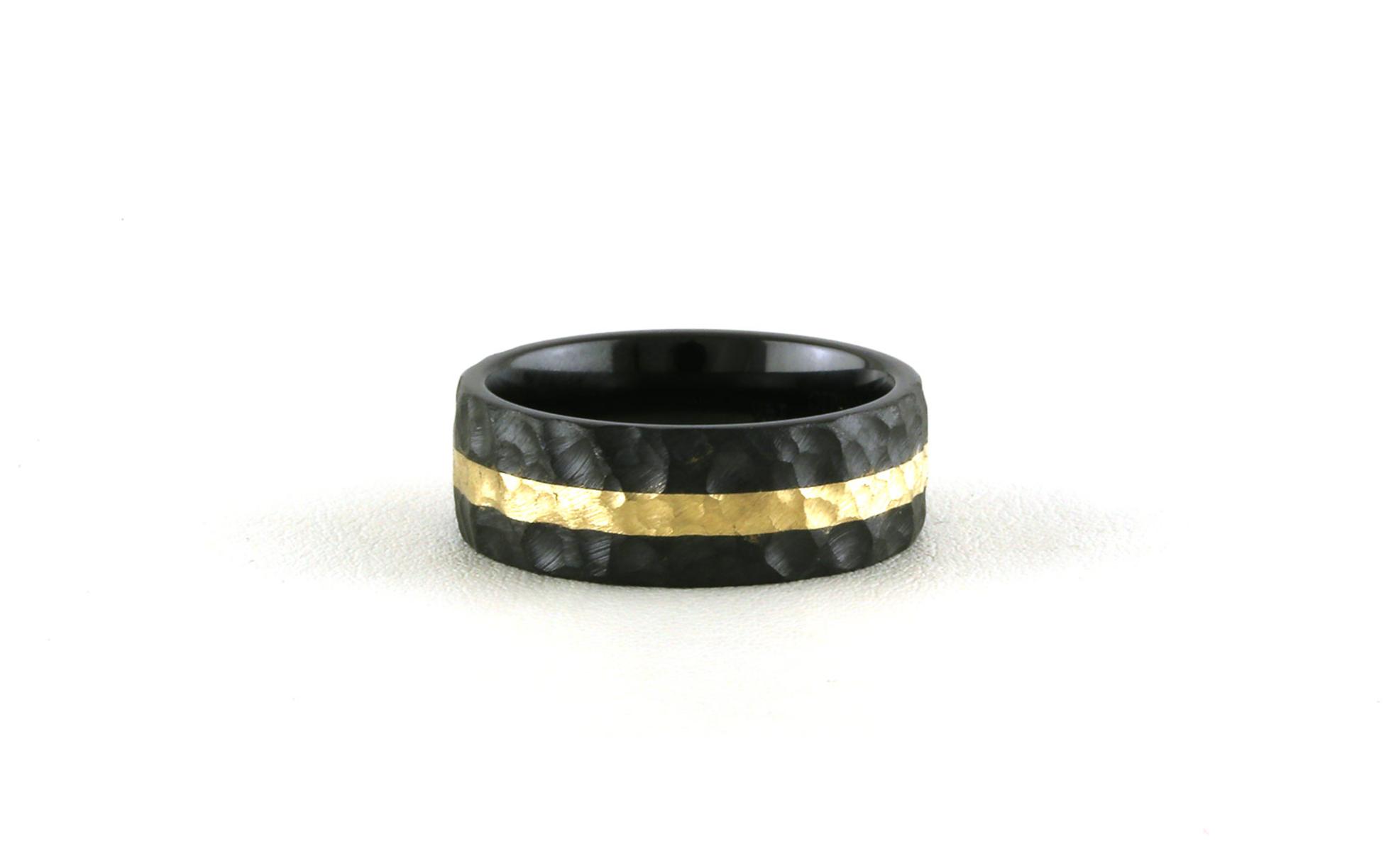 Comfort Fit Yellow Gold Inlay Wedding Band with Hammered Texture in Black Ceramic (sz 9.5)