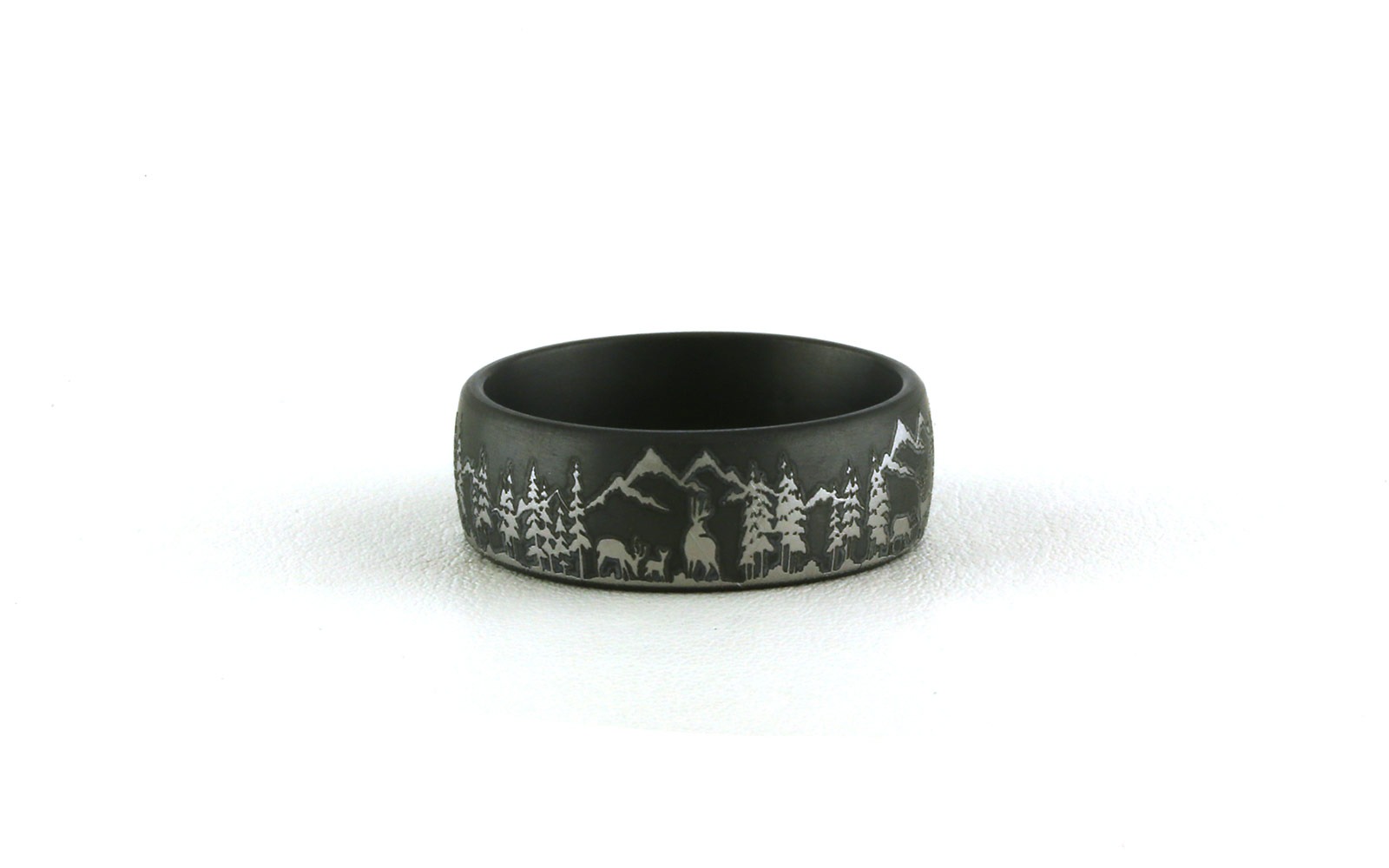 Comfort Fit Wedding Band with Wilderness Scene Laser Engraved in Dark Tantalum (sz 10)
