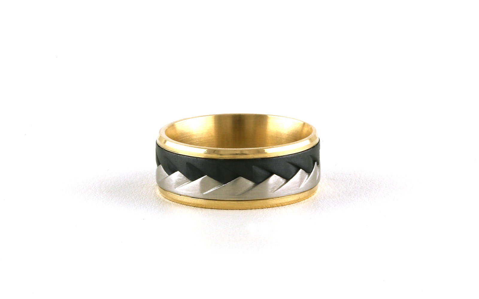 Flat Comfort Fit Woven Wedding Band in Yellow and White Gold and Dark Tantalum (sz 10)