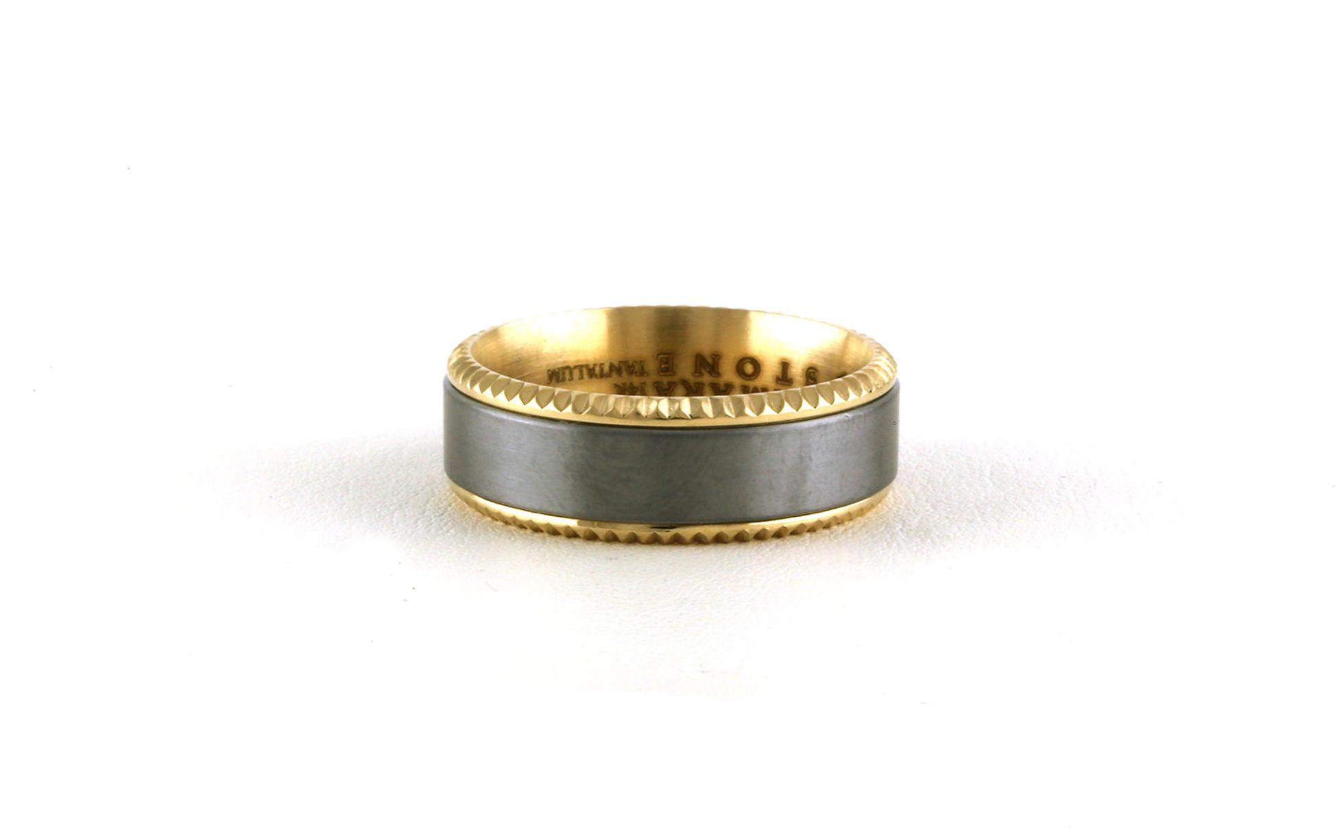 Flat Comfort Fit Beveled-edge Wedding Band with Coin Edge Detail in Yellow Gold and Grey Tantalum (sz 10)