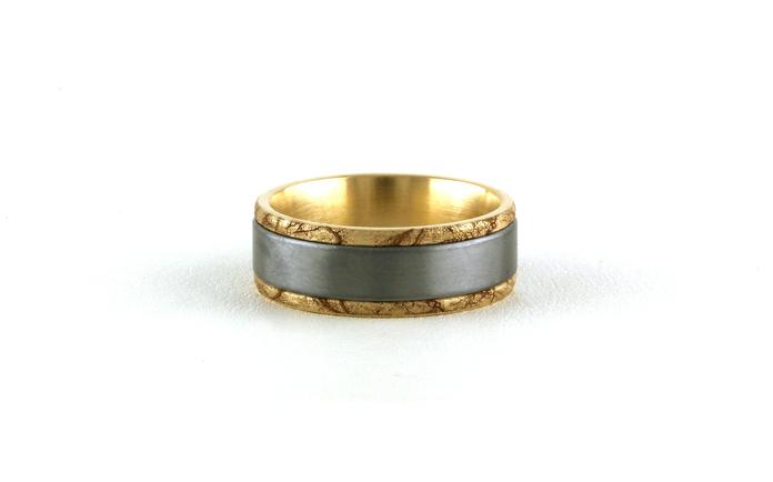 content/products/Flat Comfort Fit Wedding Band with Marble Finish Edge Detail in Yellow Gold and Grey Tantalum (sz 10)