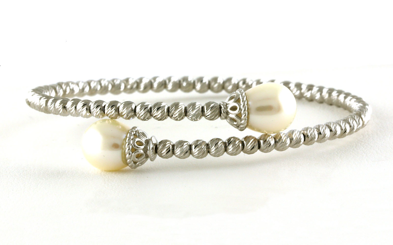 Flexible Bypass Pearl and Sparkle Bead Bracelet in Sterling Silver