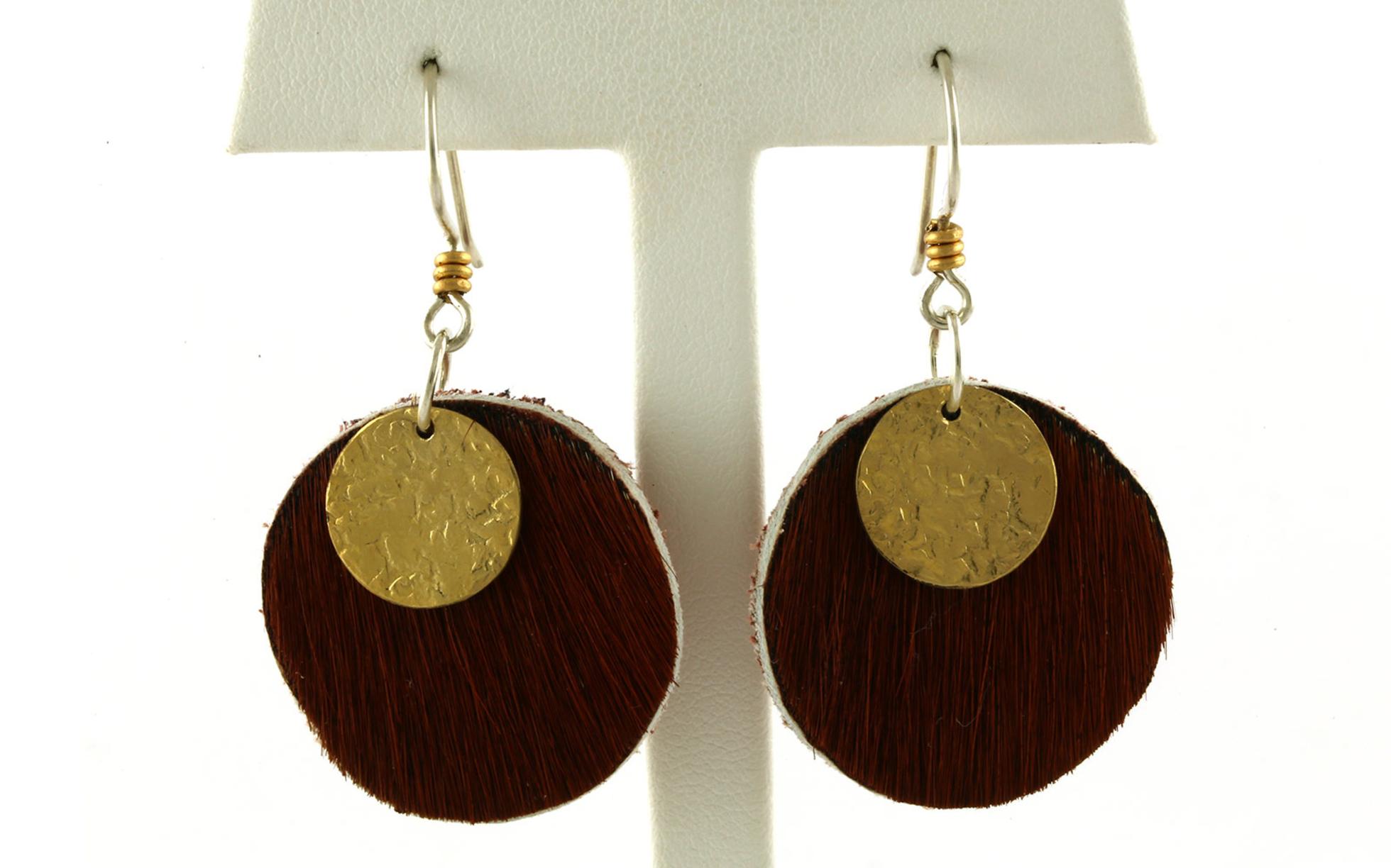 Double Disc Dangle Earrings in Red Cowhide and Brass
